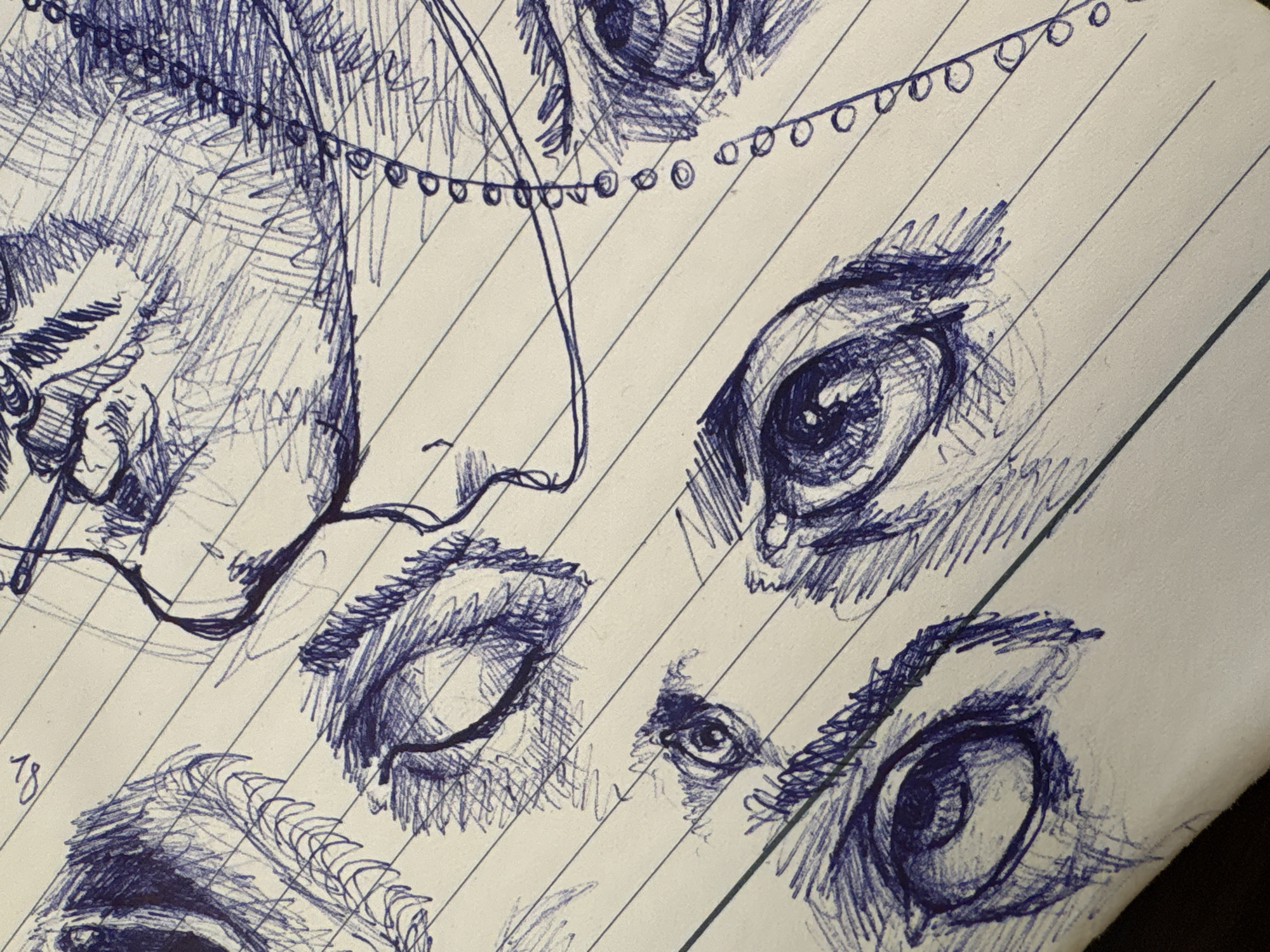 Artist sketches multiple eyes in blue ink, Sofia notebook