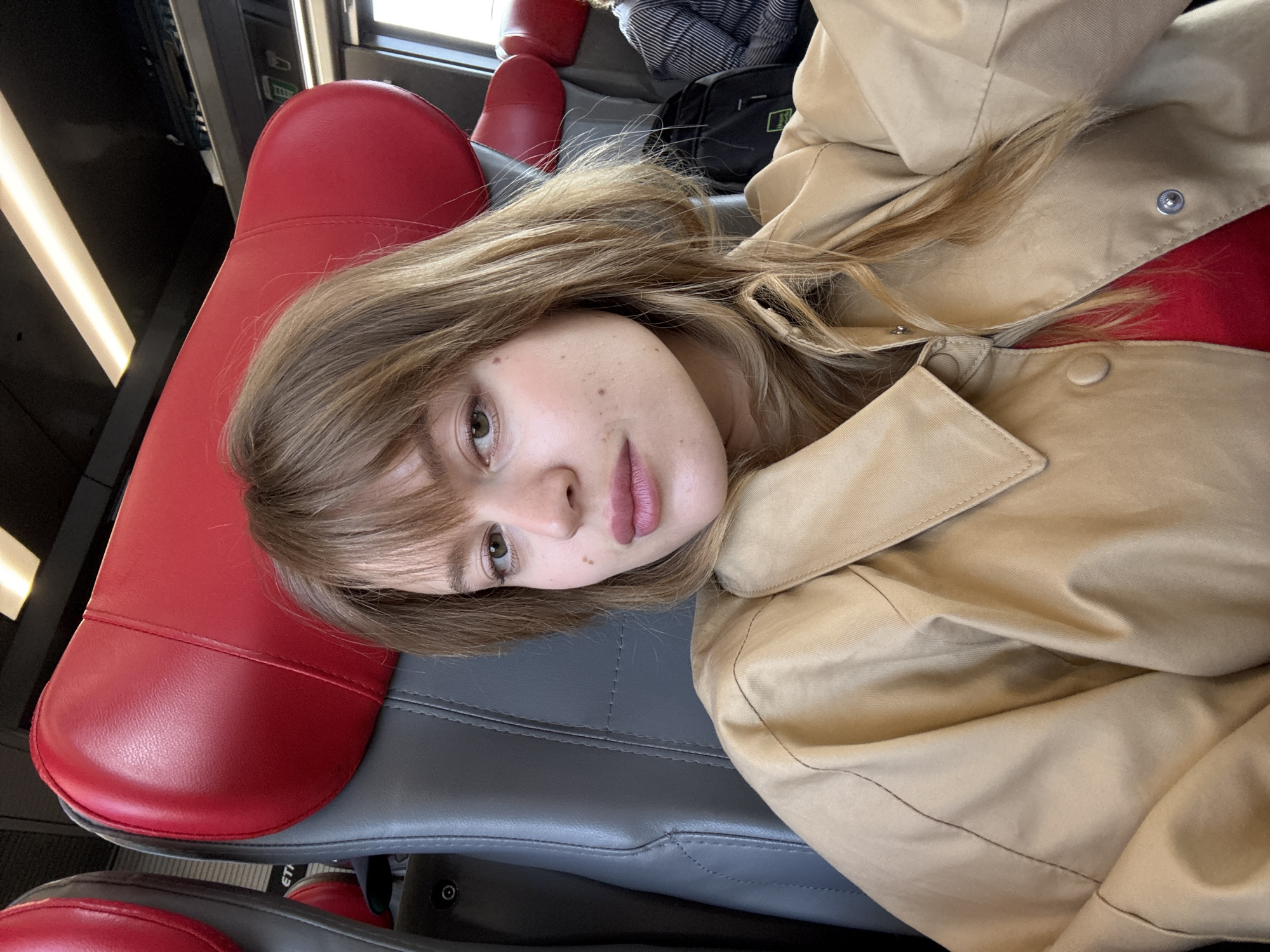 Train passenger photographed during journey near Mirano, Italy