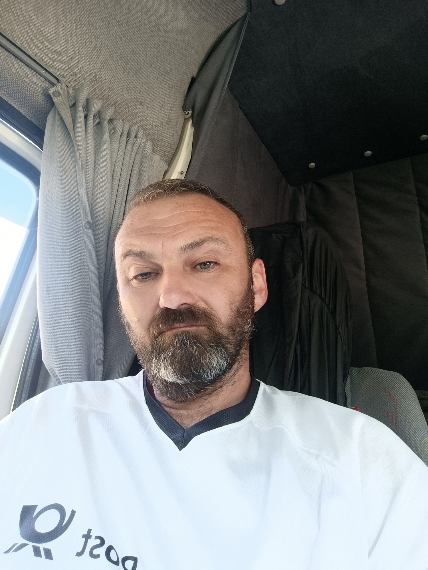 Selfie from inside a truck cabin in Selm, Germany
