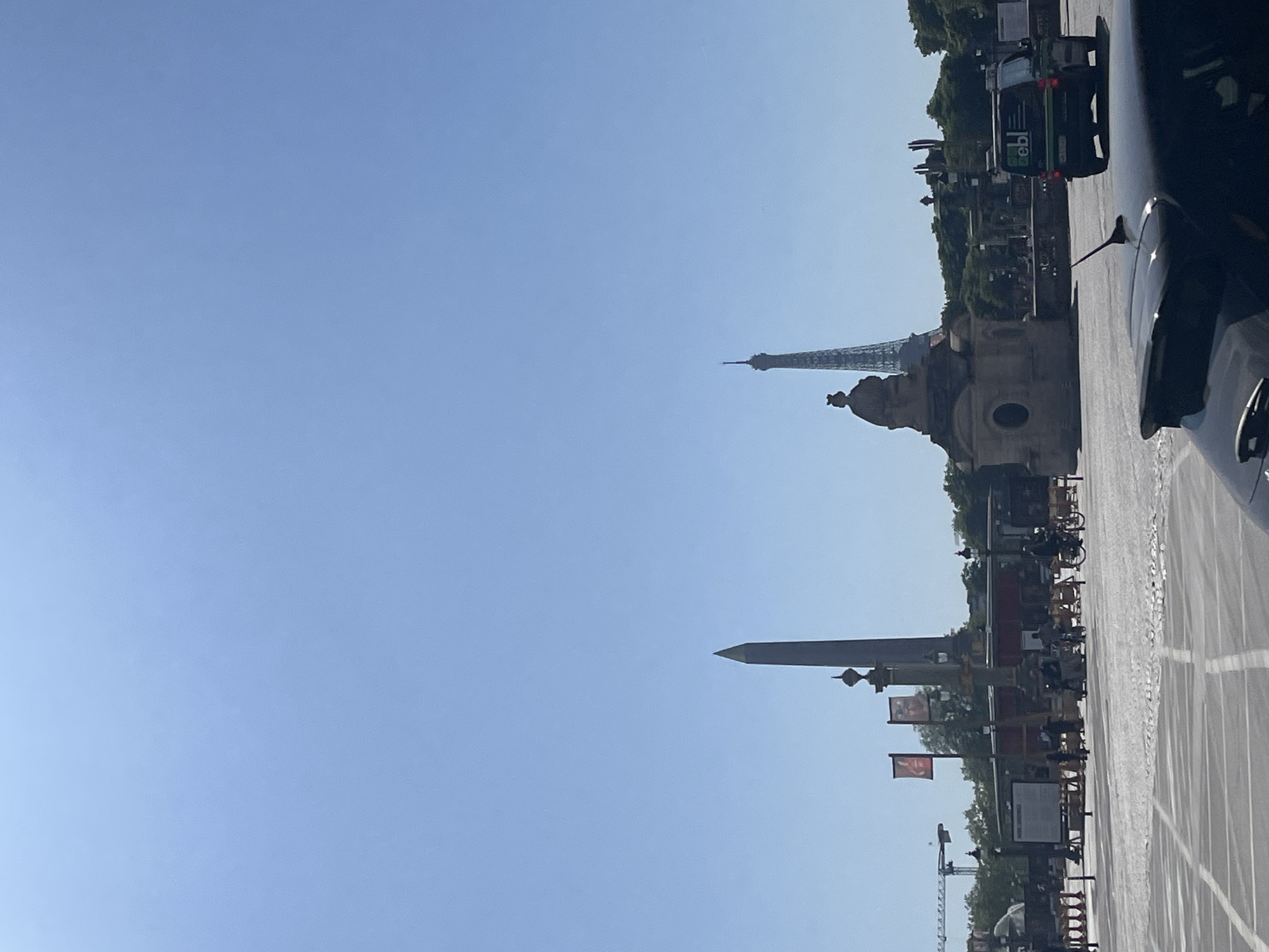 Paris landmark photographed sideways under clear skies