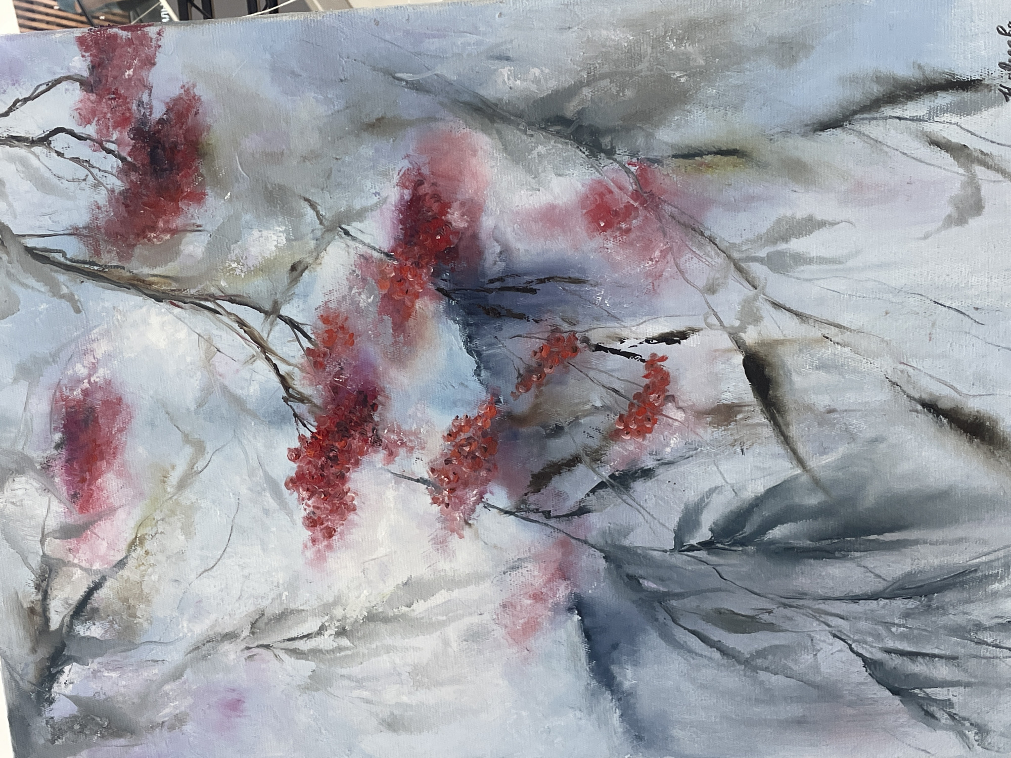 Art exhibition with oil paintings documented in Kokshetau mall