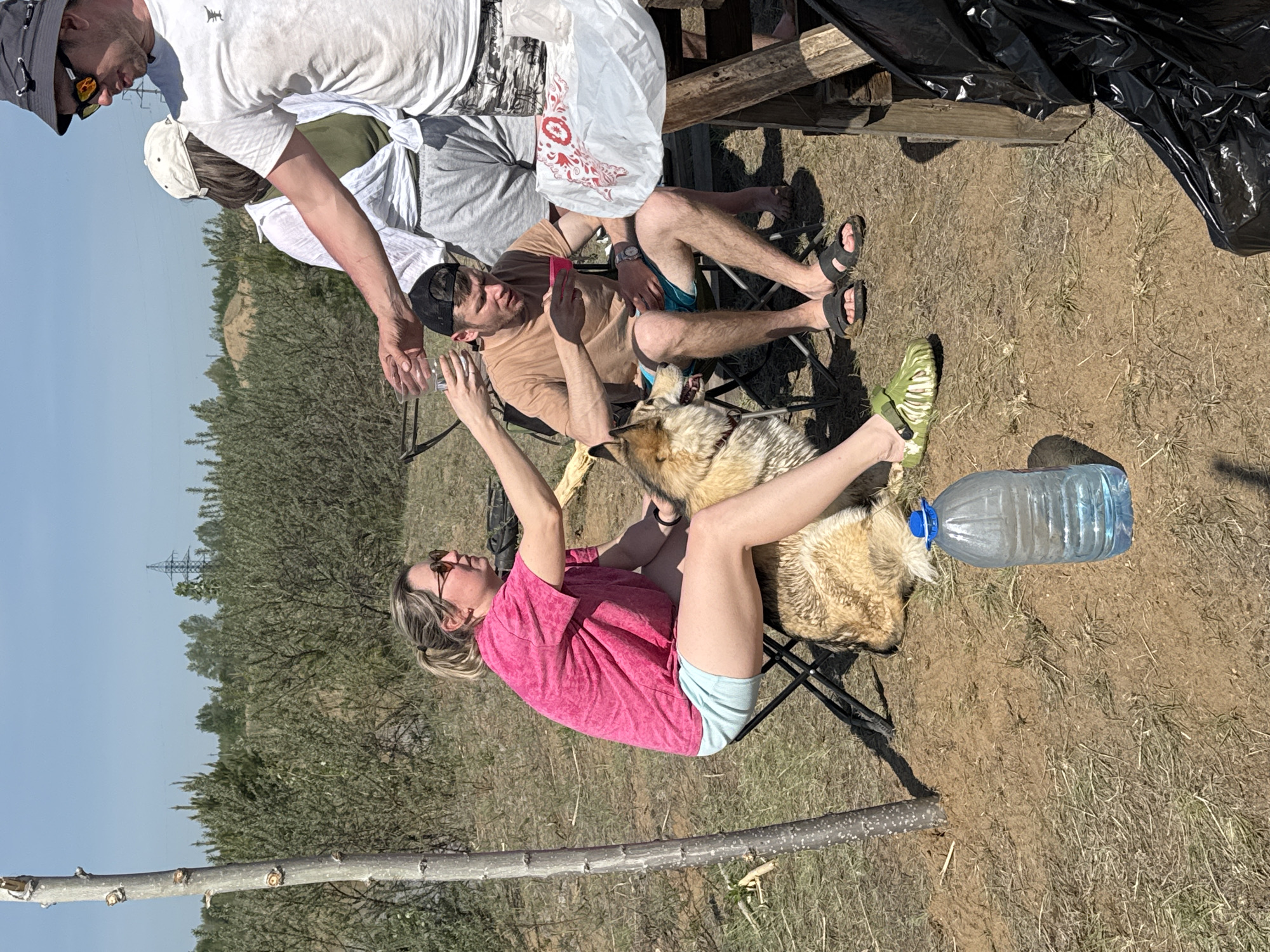 Group relaxes outdoors with dog in Noviy, Russia
