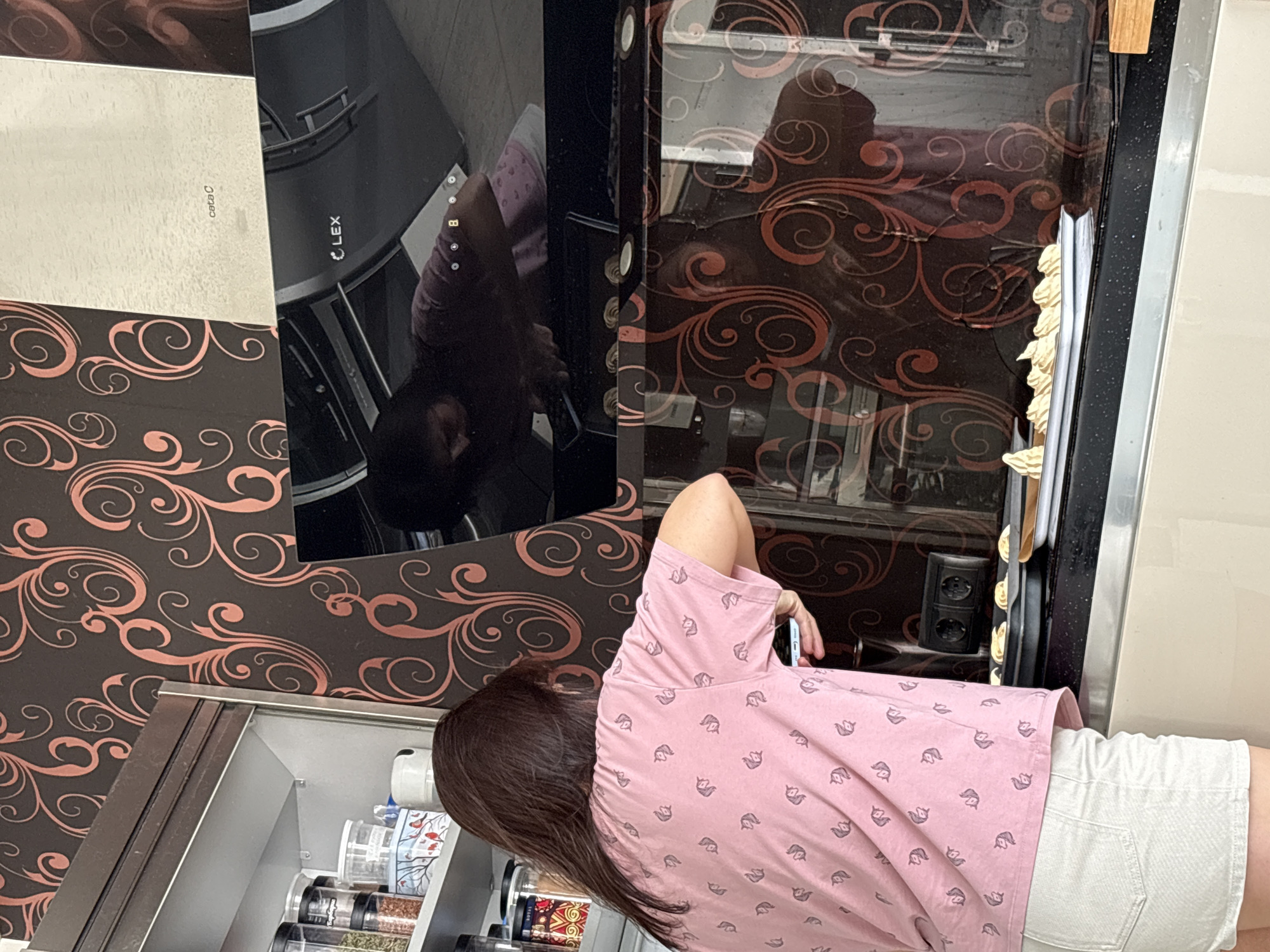 Woman uses smartphone in Saint Petersburg kitchen Tuesday morning