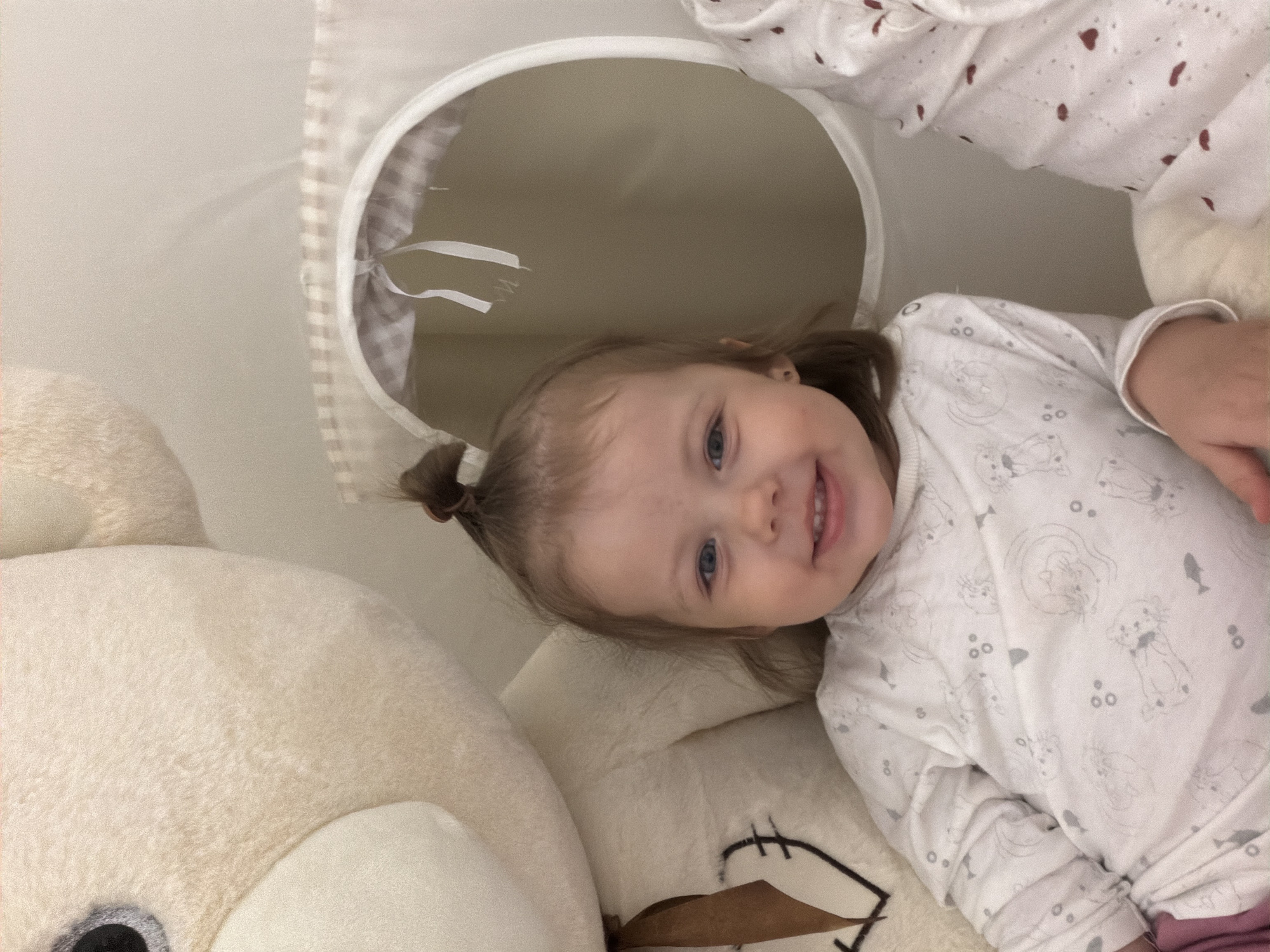 Toddler plays with teddy bear in Reshetnikovo home
