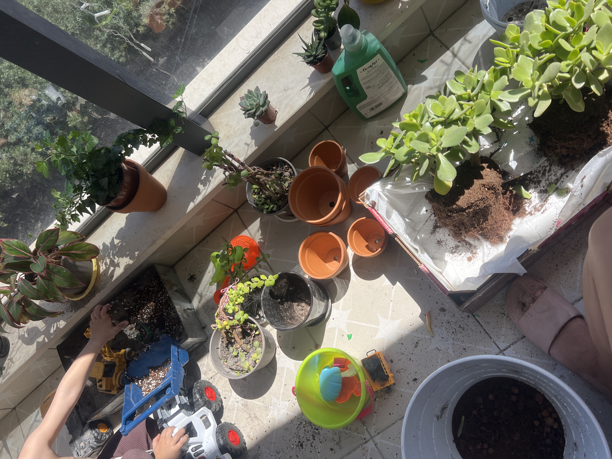 Child plays with toys and plants on Kiryat Bialik balcony