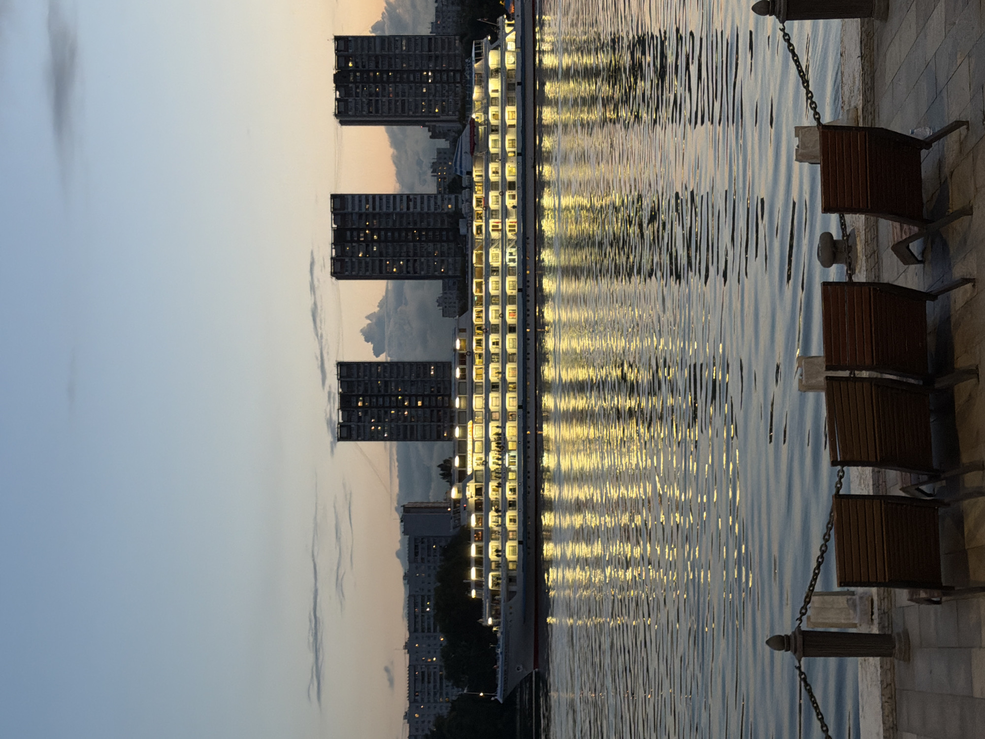 Evening along the Moscow Canal, Khimki's skyline glowing at dusk