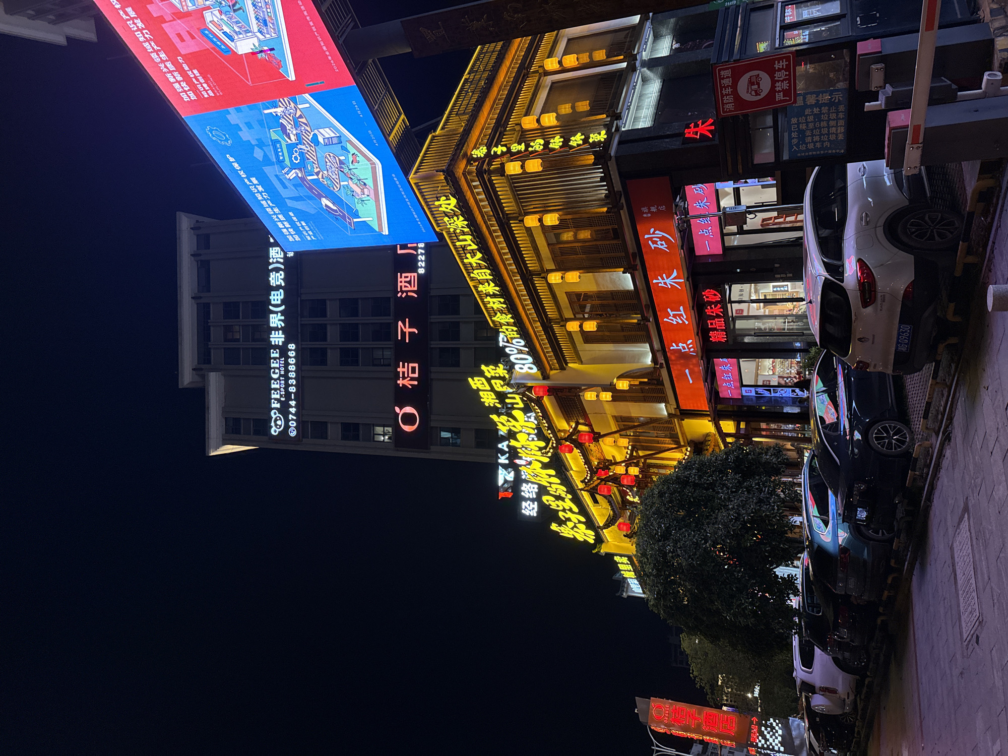 Nighttime commercial street activity documented in Zhangjiajie, China