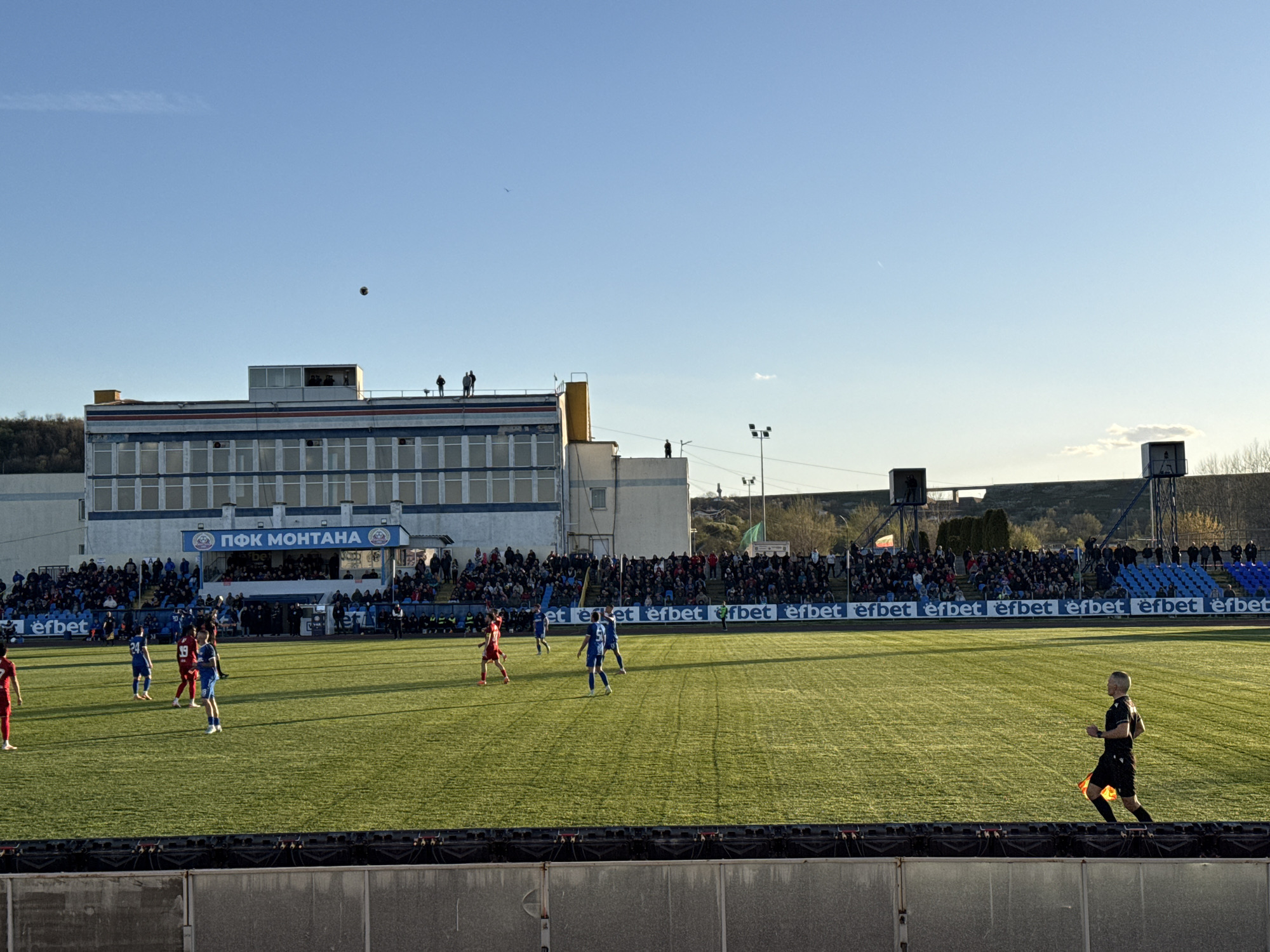 Soccer match observed at PFC Montana stadium in Bulgaria