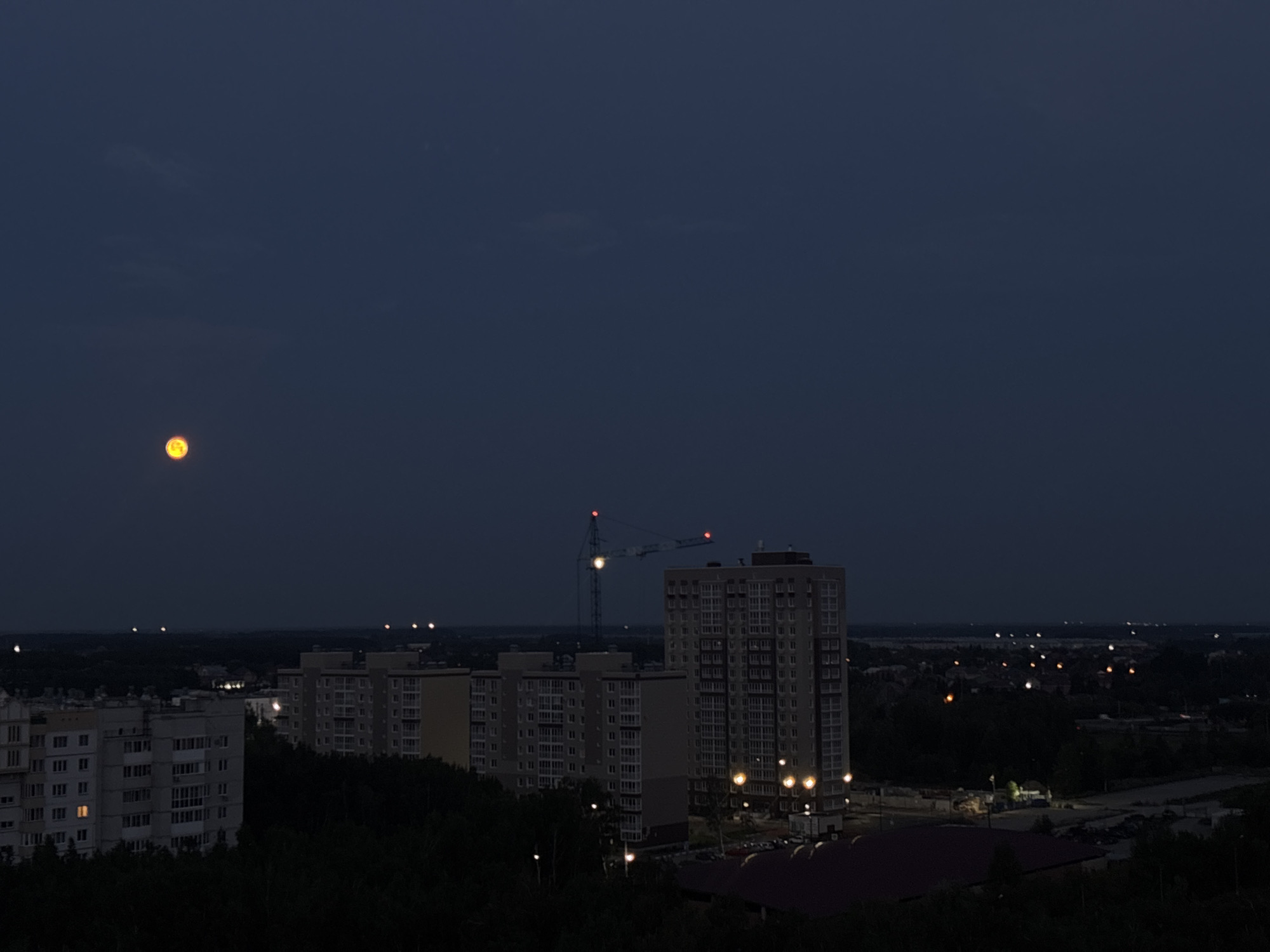 Omsk at dusk: rooftop views, a big moon, and a relaxed dog