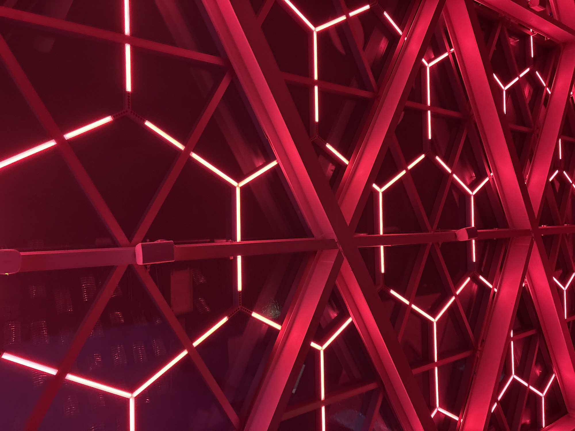 Late-night visit captures Soumaya Museum's geometric red-lit interior