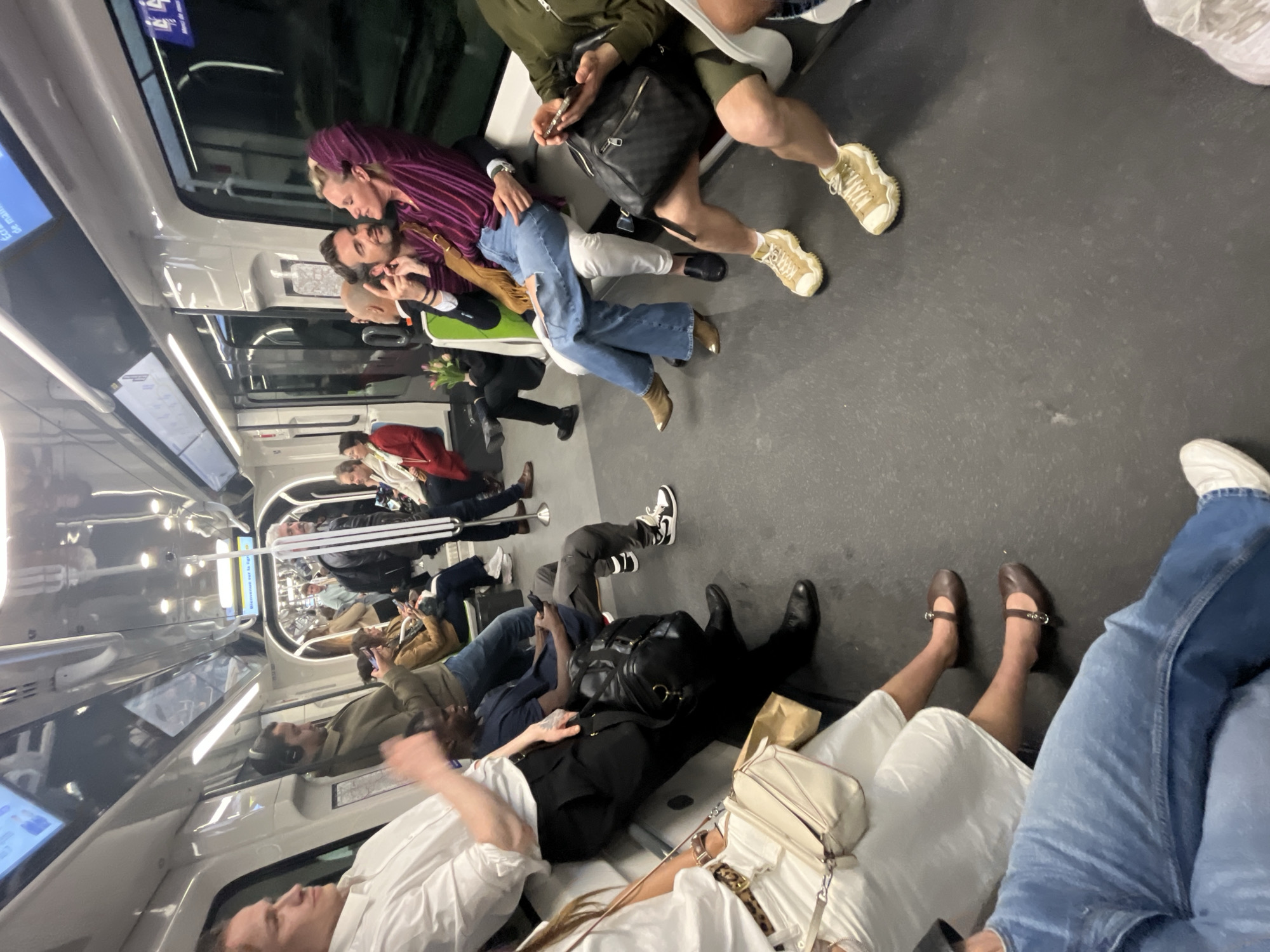 Crowded subway car observed in Paris during evening hours