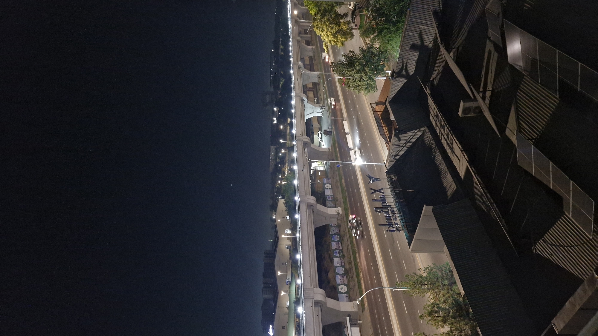 Elevated highway and illuminated mosque at night in a busy city
