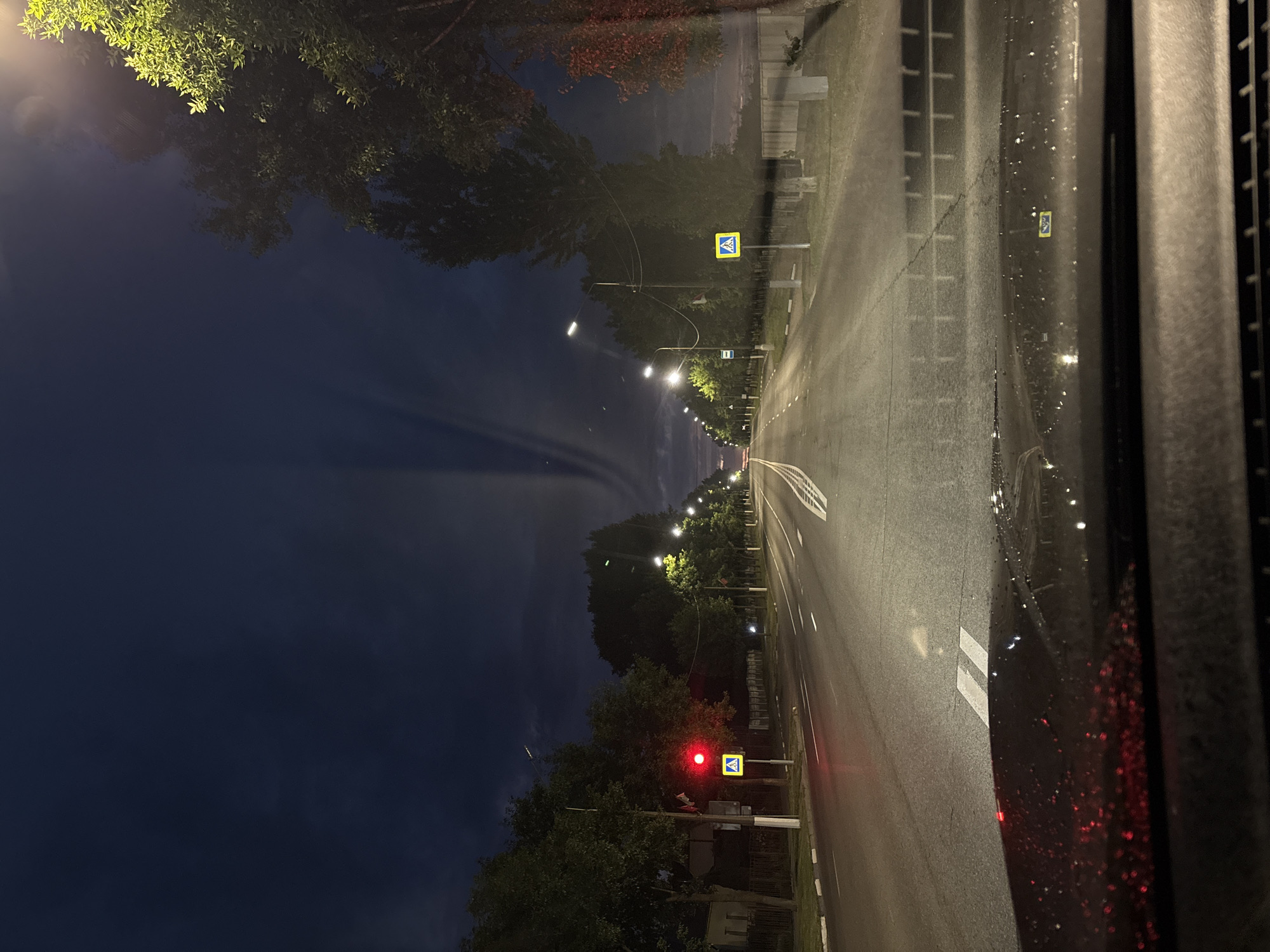 Stopped at a red light on a tree-lined Vitsebsk road at night