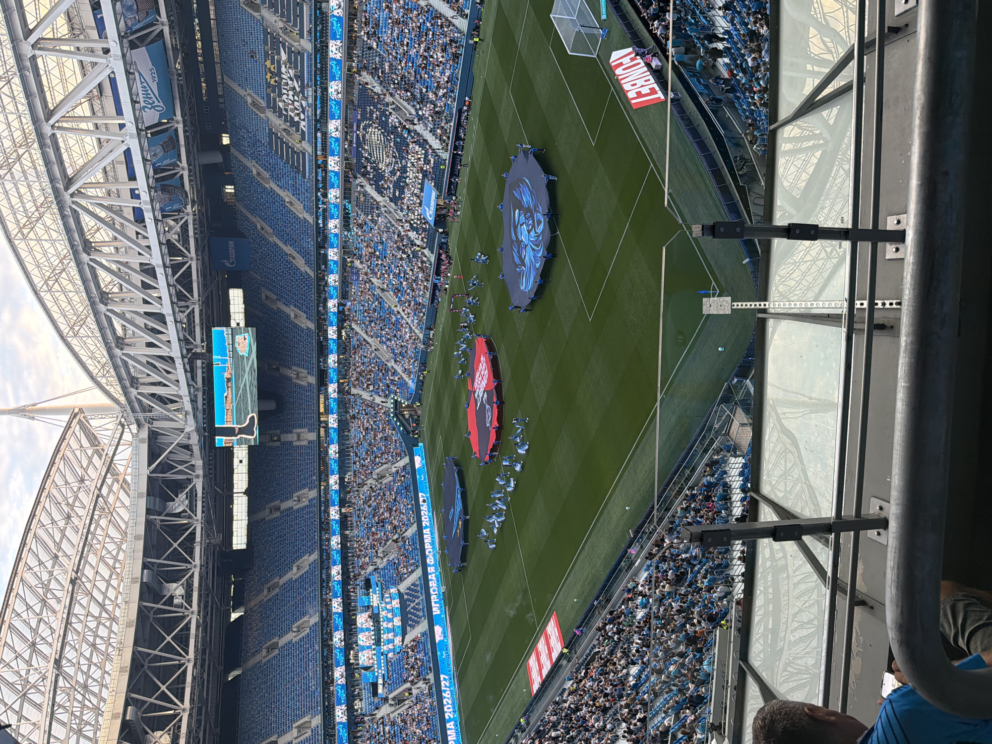 Stadium crowds and a tabby cat, same evening in Russia