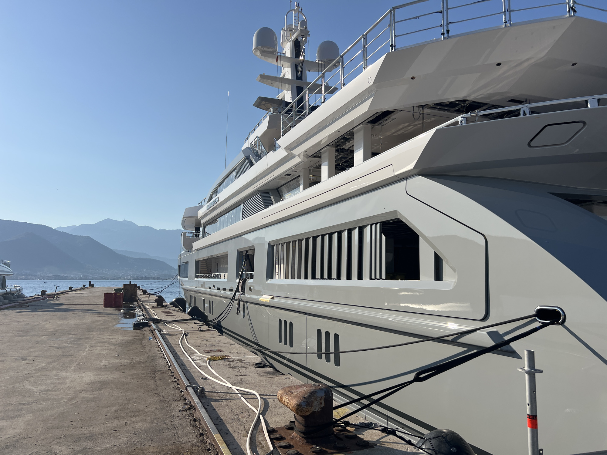 Superyacht moored at Bijela harbor on the Bay of Kotor