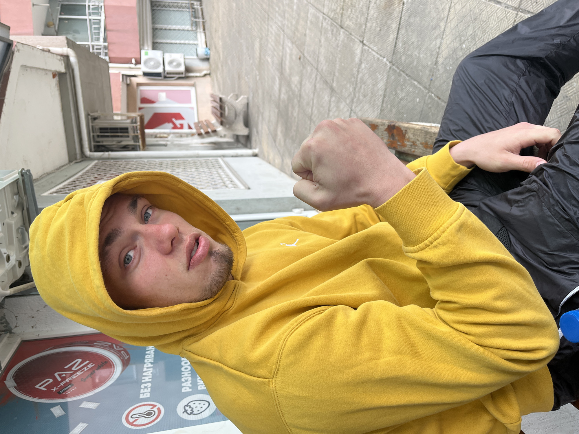 Young man practices martial arts moves on Burgas streets