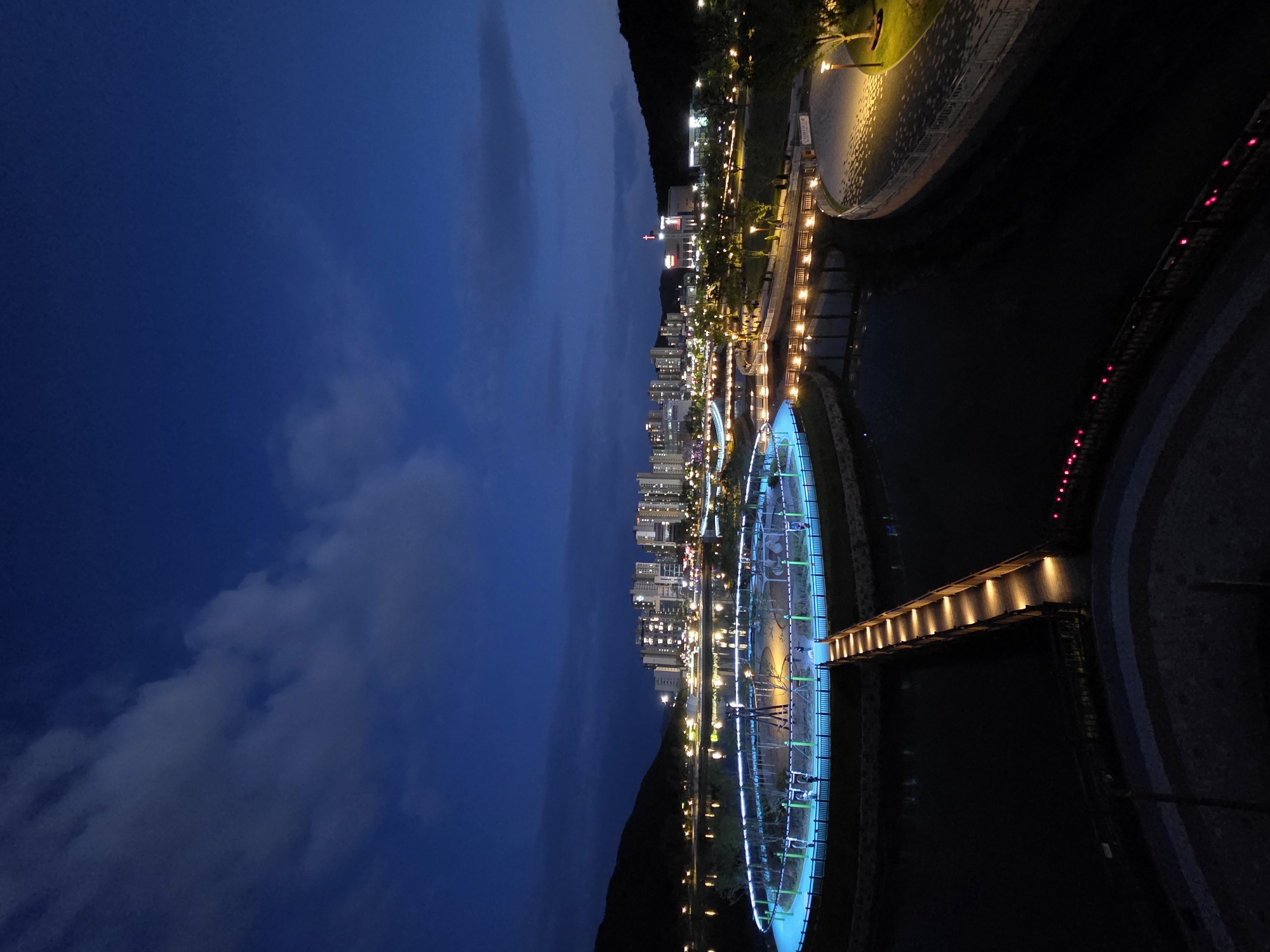 Cartoon sculptures and a suspension bridge at Daejeon lakeside park
