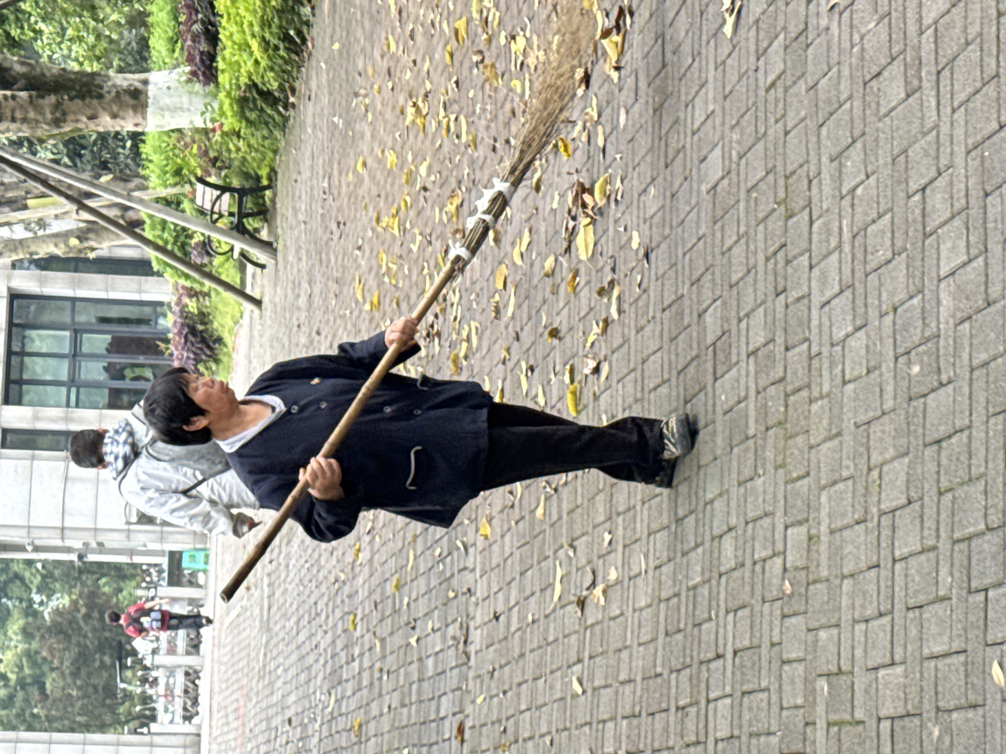 Woman sweeps leaves on brick pathway in Jiangjin, China