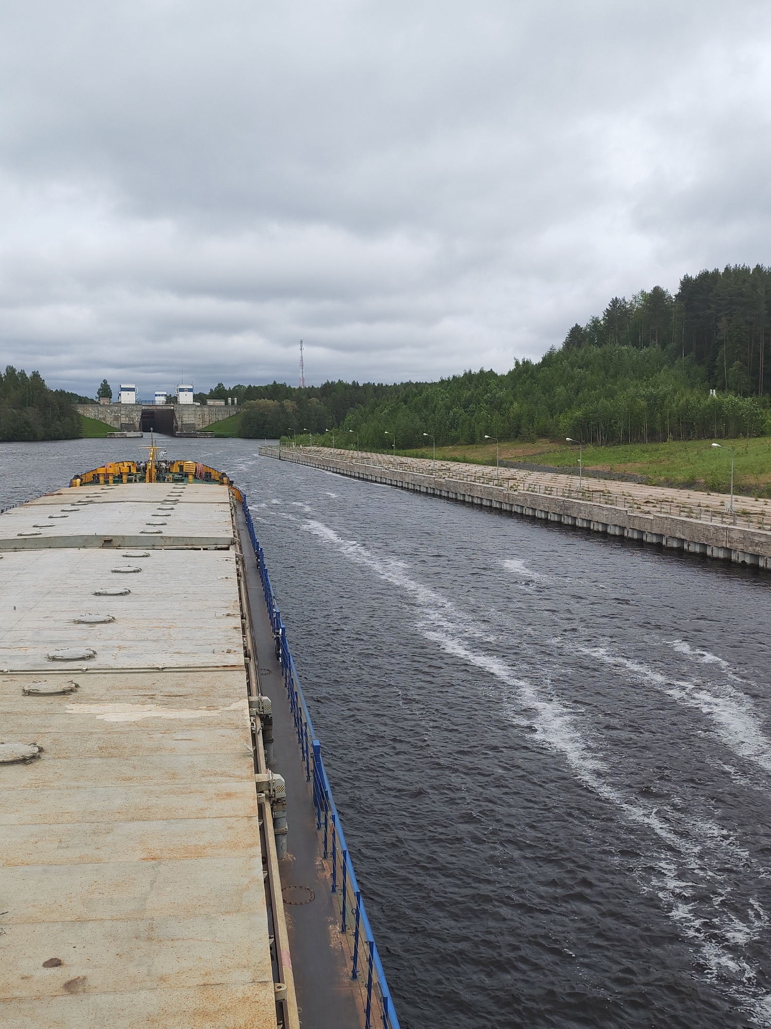 Barge transits Lock 6 on Volga-Baltic Waterway in Russia