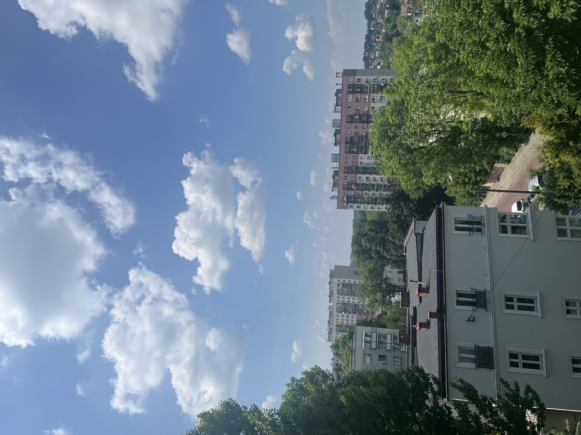 Sunny morning cityscape observed from elevated viewpoint with fruits, toy