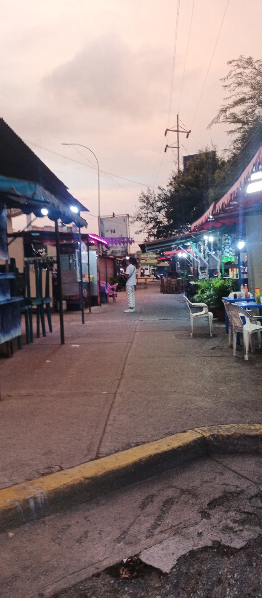 Dusk streetscape: construction, food stalls, and city debris