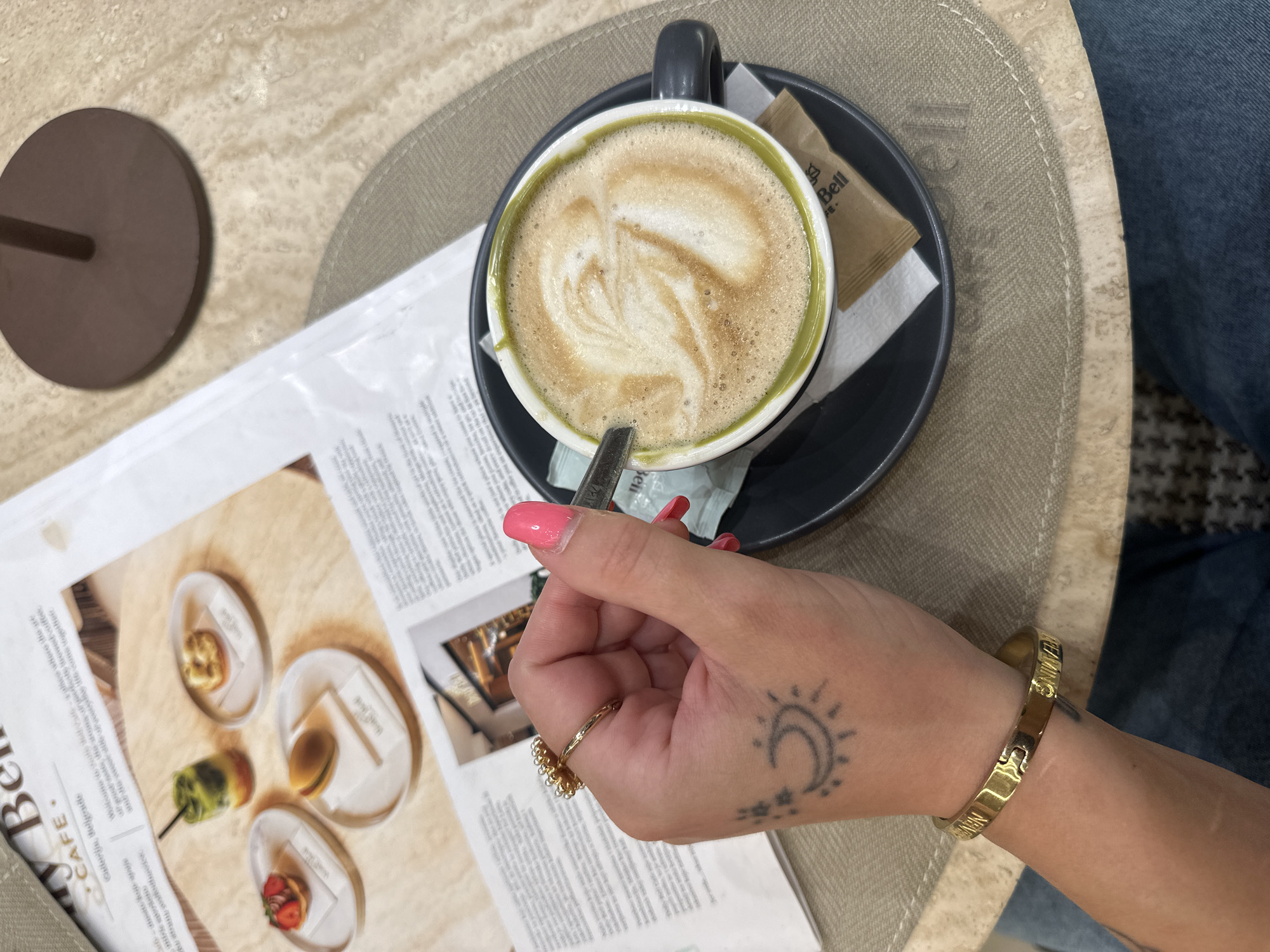 Belgrade cafe brunch with matcha latte and menu browsing