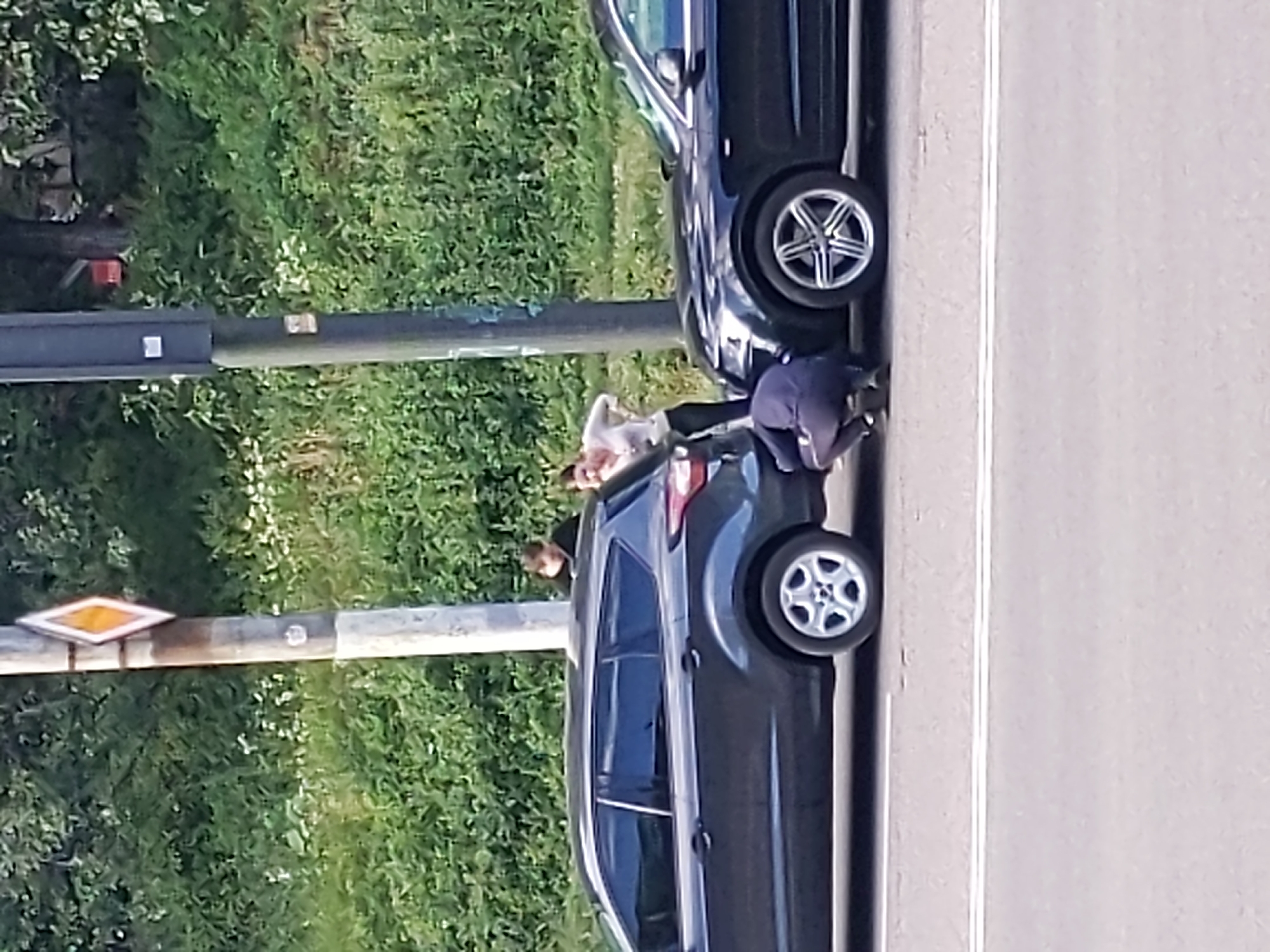 Quick street-level moments near a Kyiv roadside, mid-afternoon