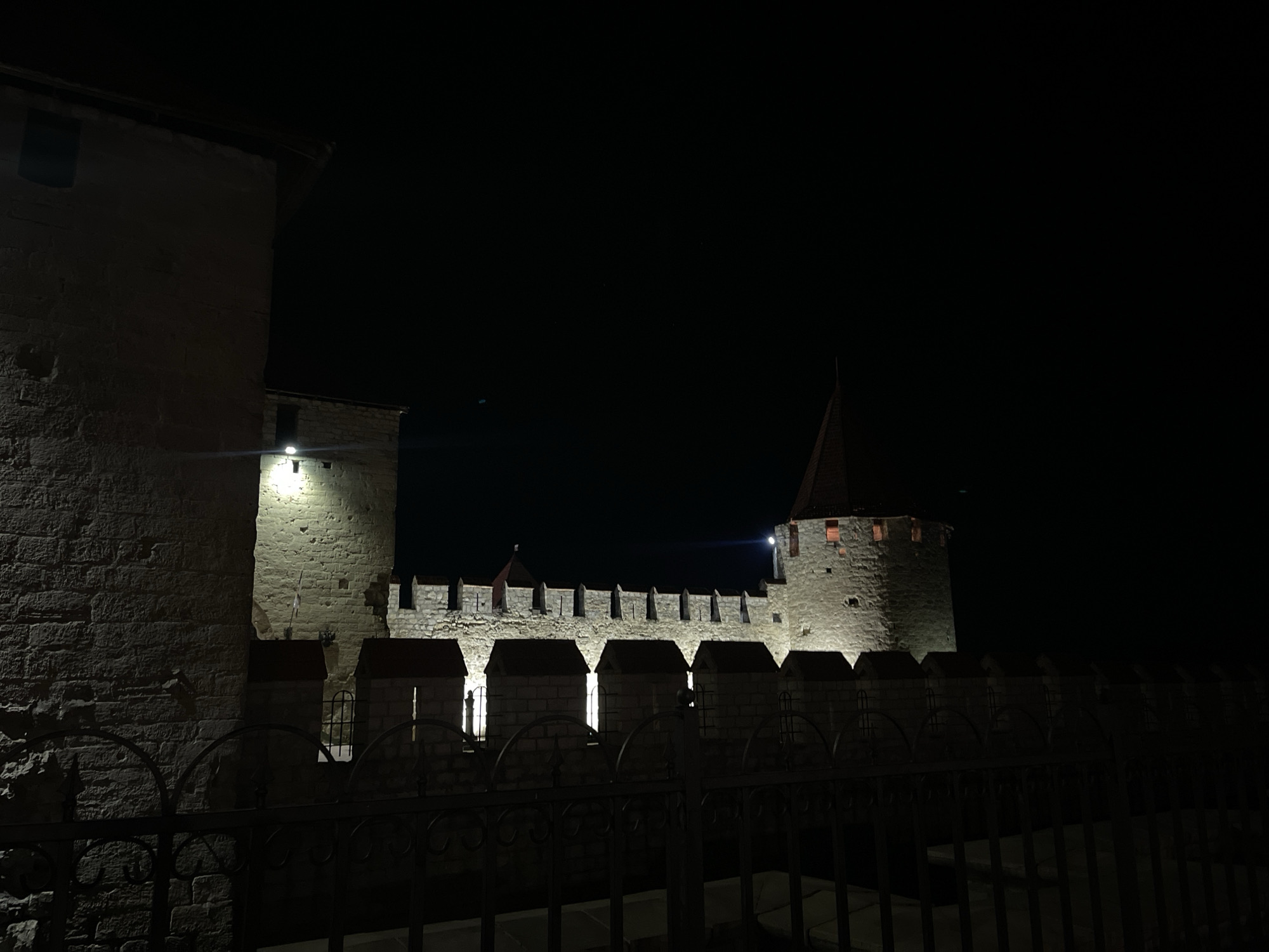 Bender Fortress illuminated at night in Moldova