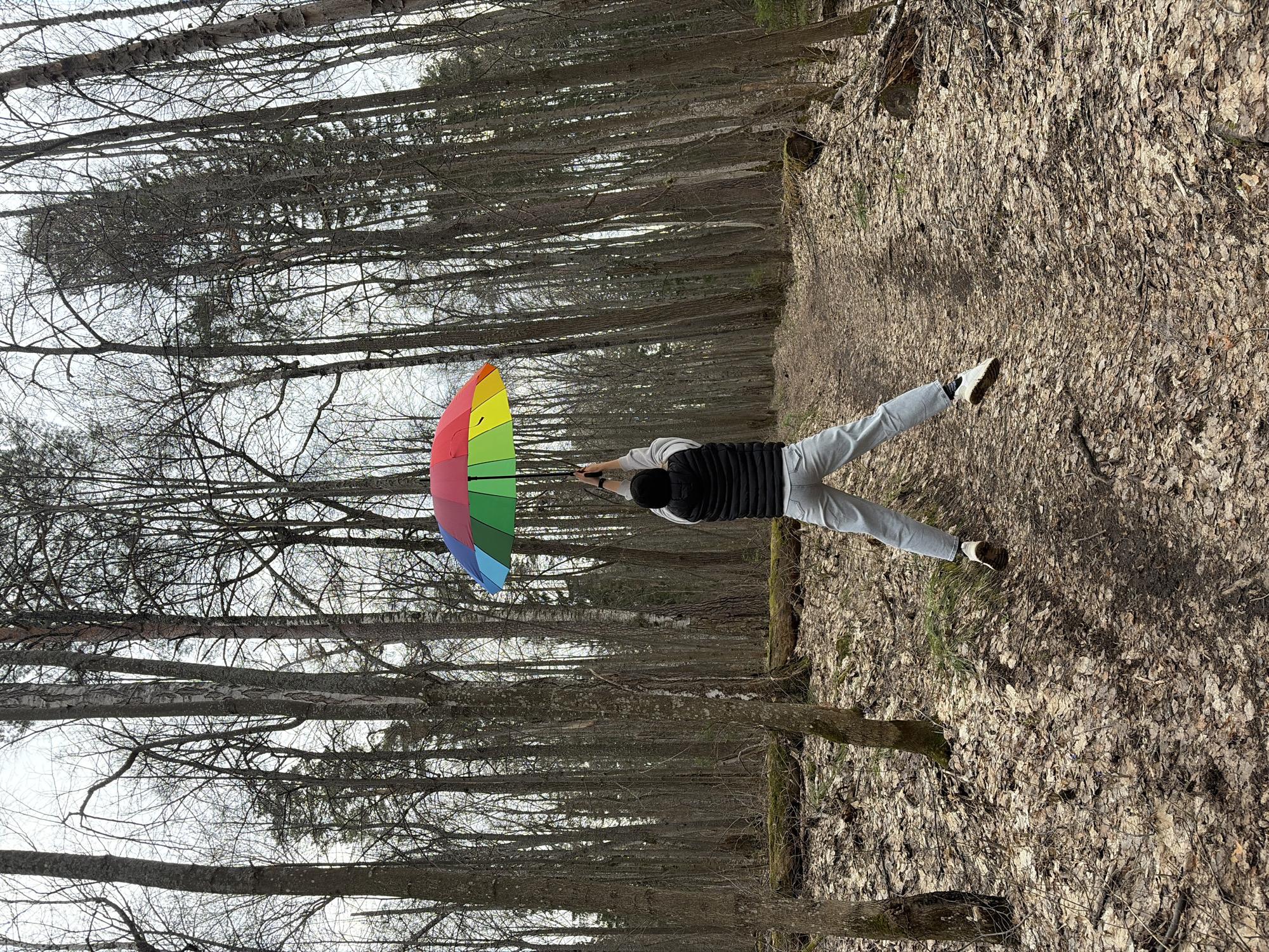 Person with umbrella spotted in wooded area near Novyi