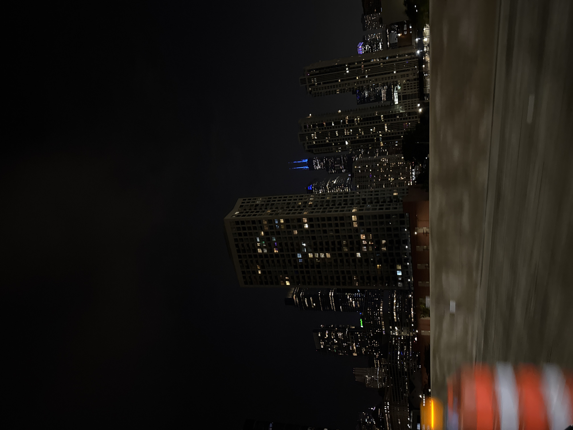 Chicago skyline captured from moving vehicle during early morning hours