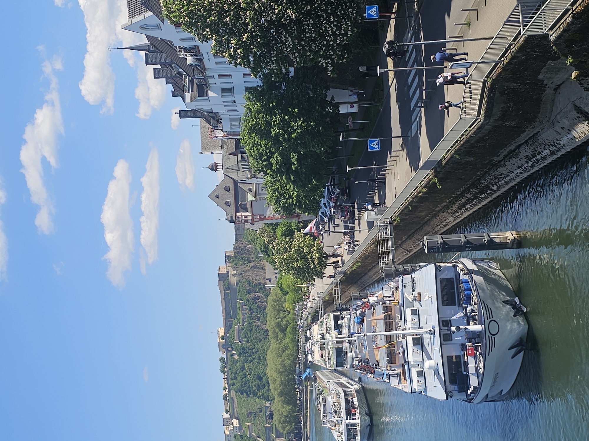 Tourist boats dock along Rhine River in Koblenz