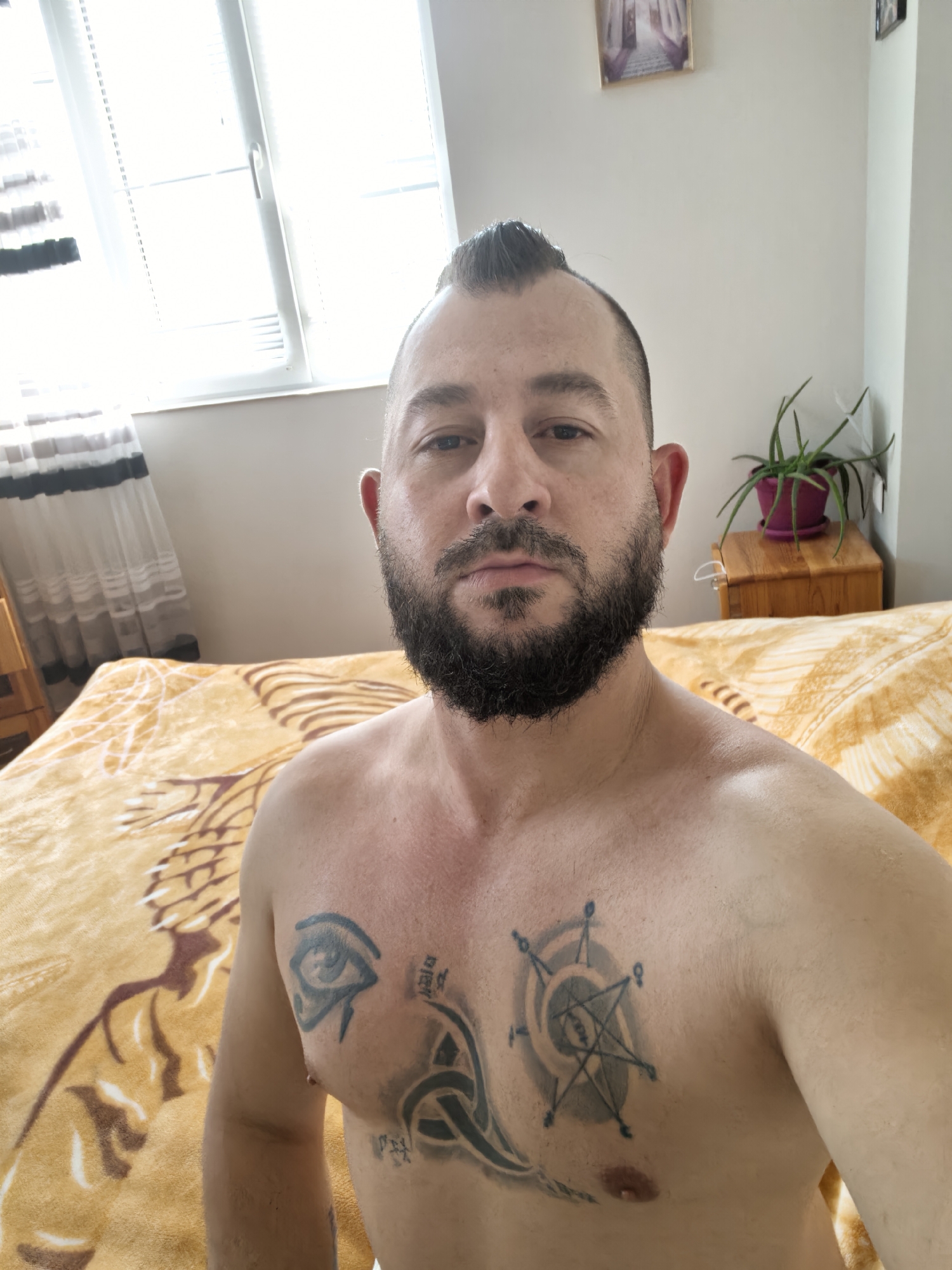 Bearded man photographed shirtless in early morning selfie session