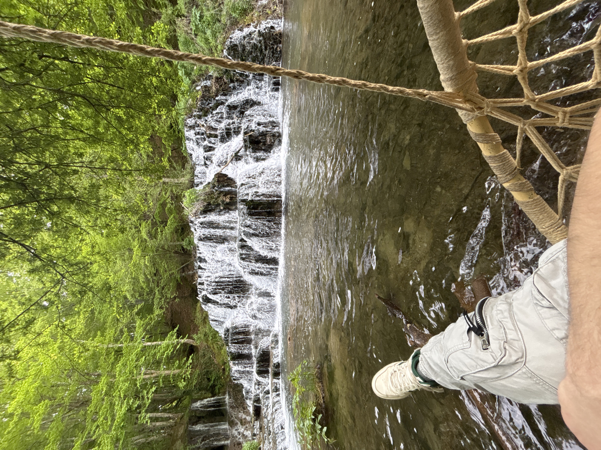 Rope bridge crossing documented at Stoilovo waterfall in Bulgaria