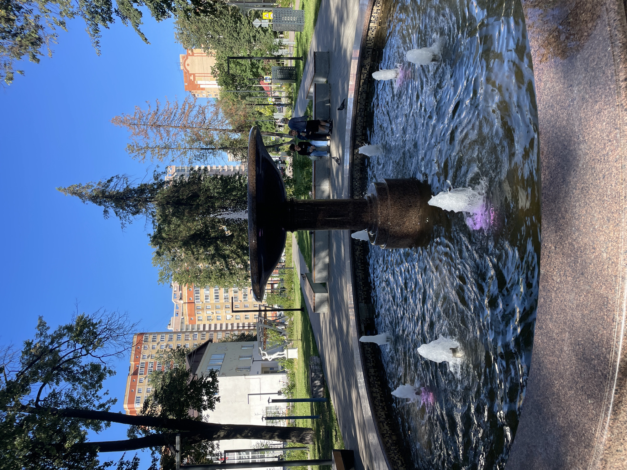 Purple-lit fountain draws a crowd in a tree-lined park