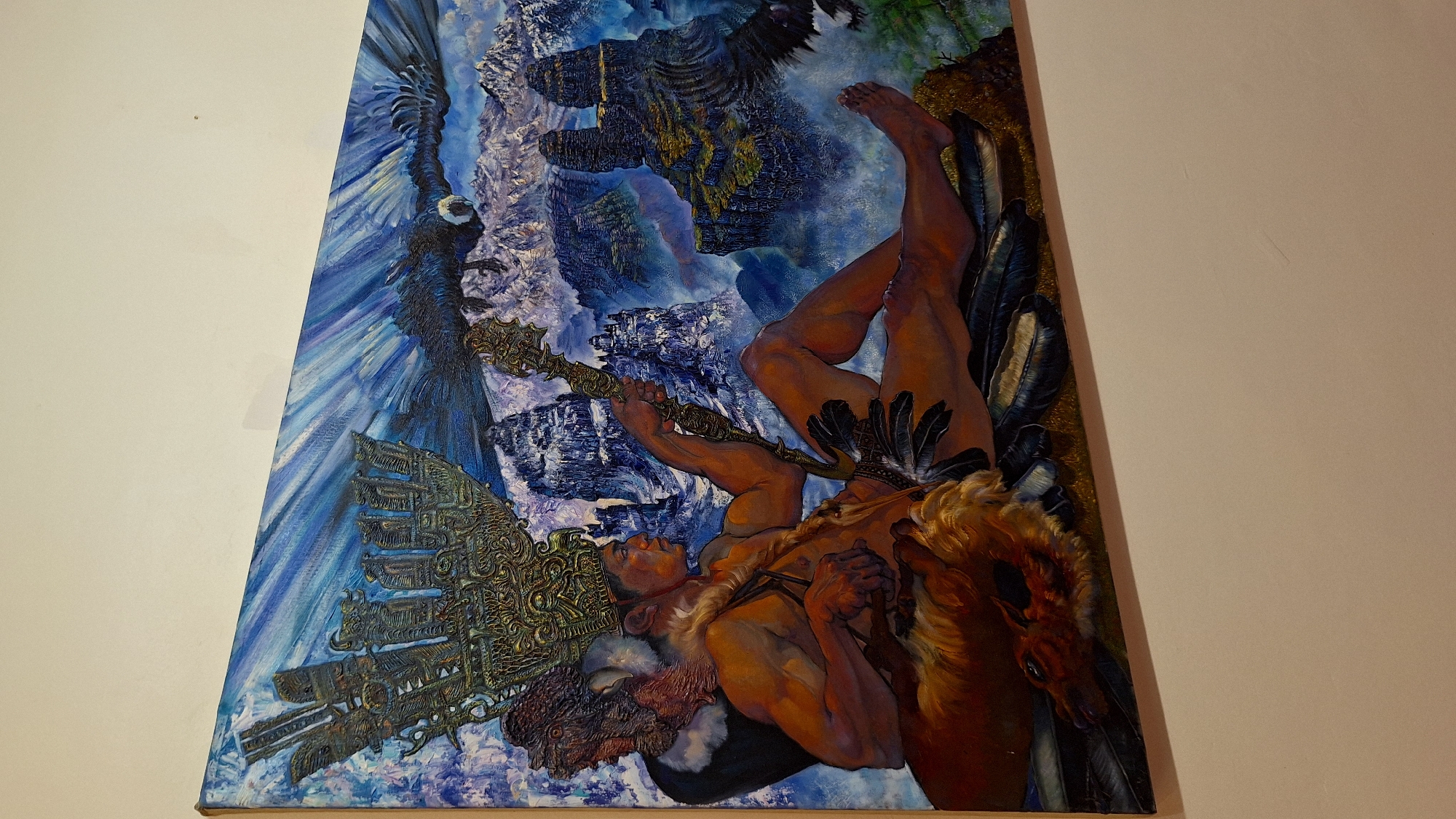 Fantastical and ceremonial artwork viewed in Cusco galleries
