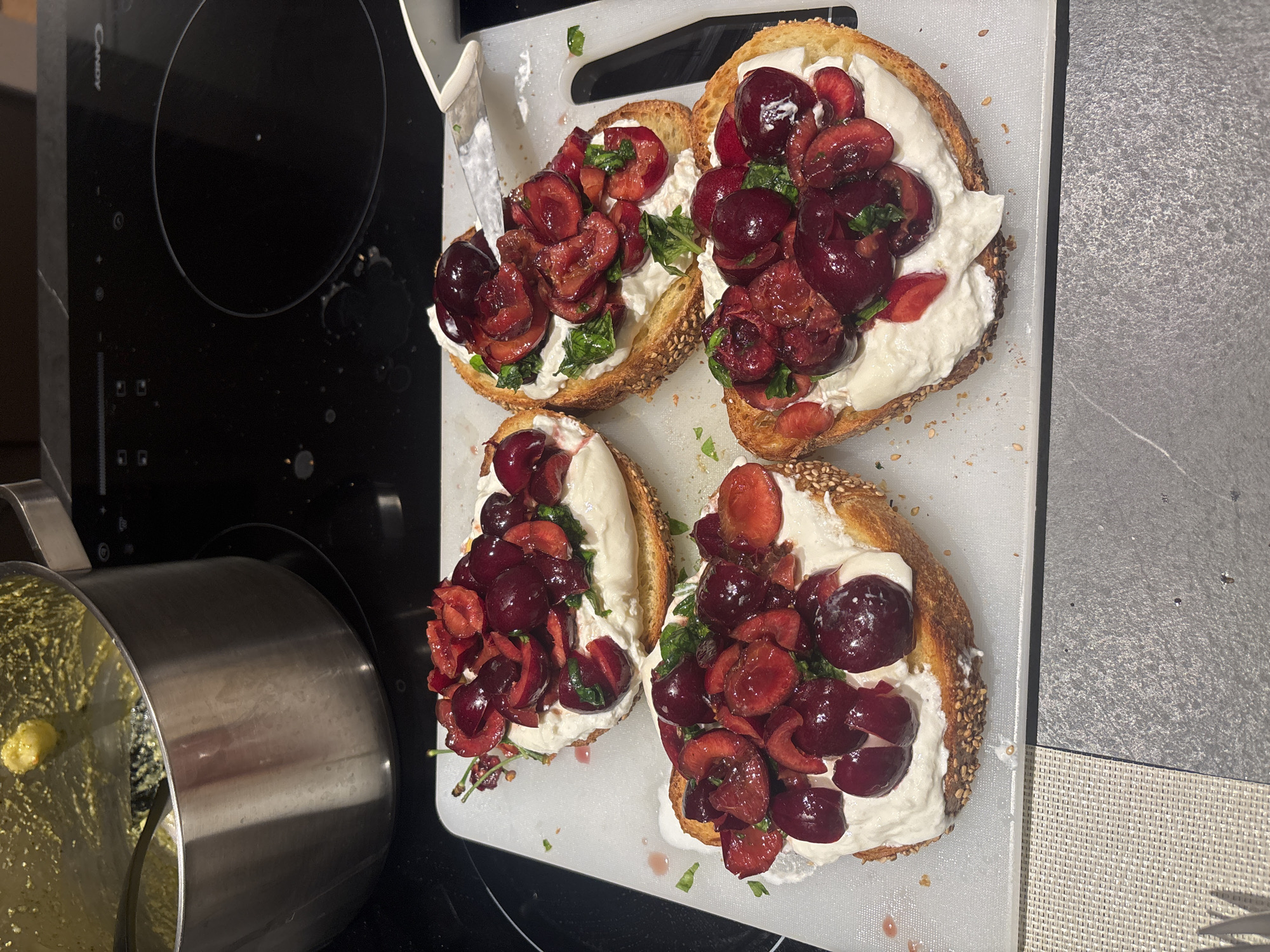 Pasta and bruschetta spread on a Milan kitchen counter
