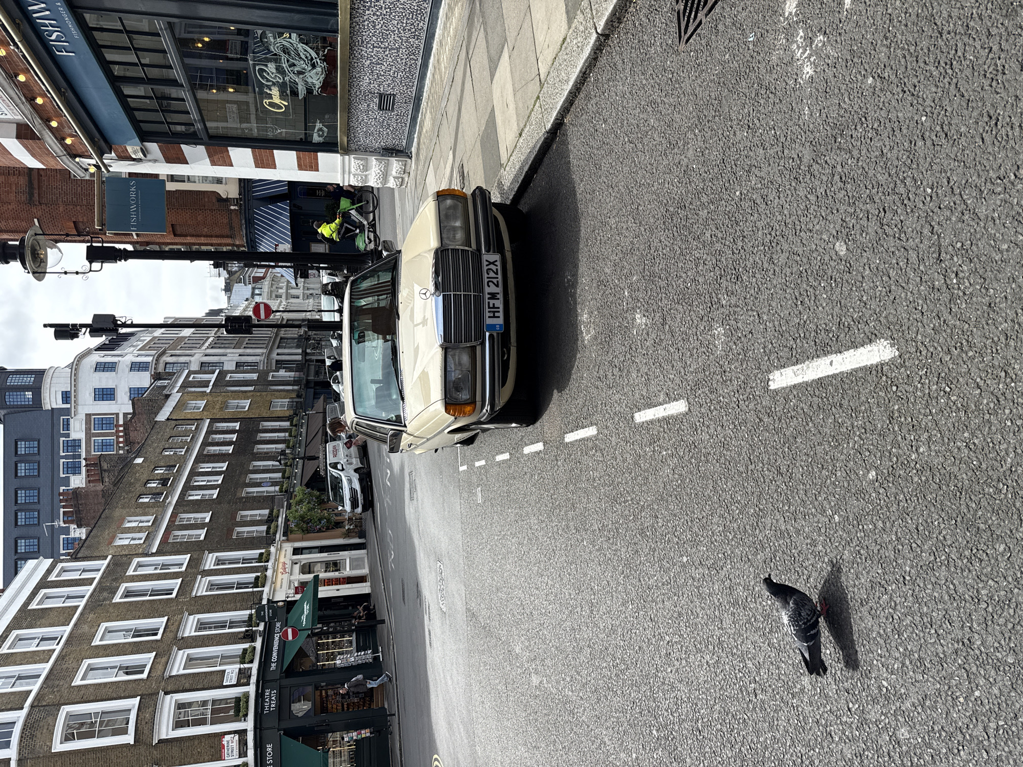 Mercedes parks on London street, pigeon spotted nearby