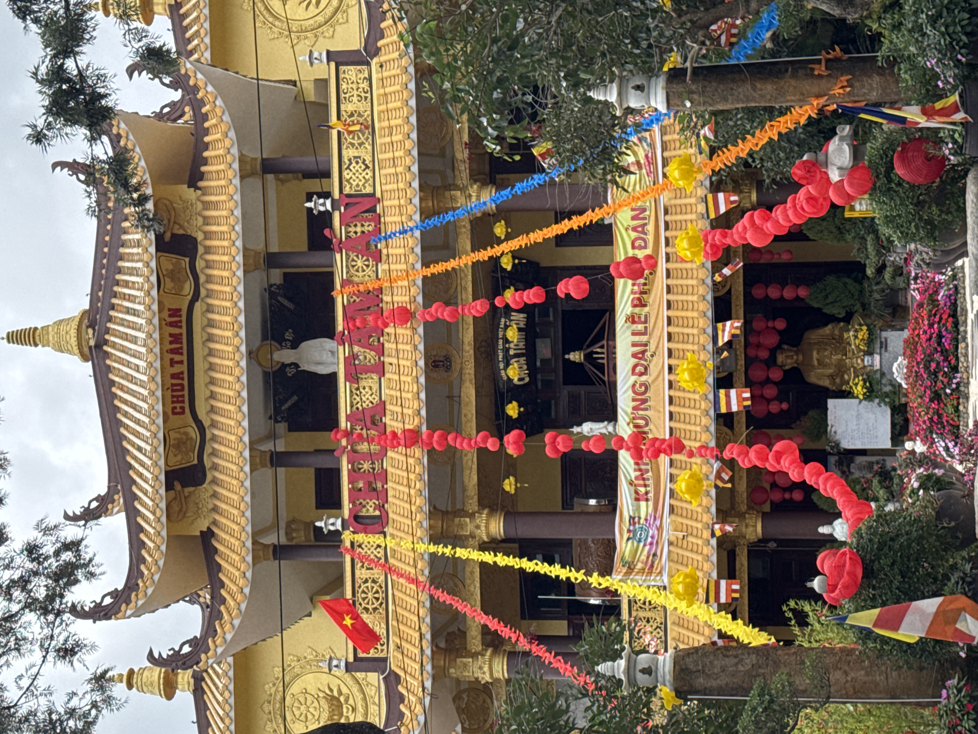 Buddhist temple in Da Lat adorned with festive decorations
