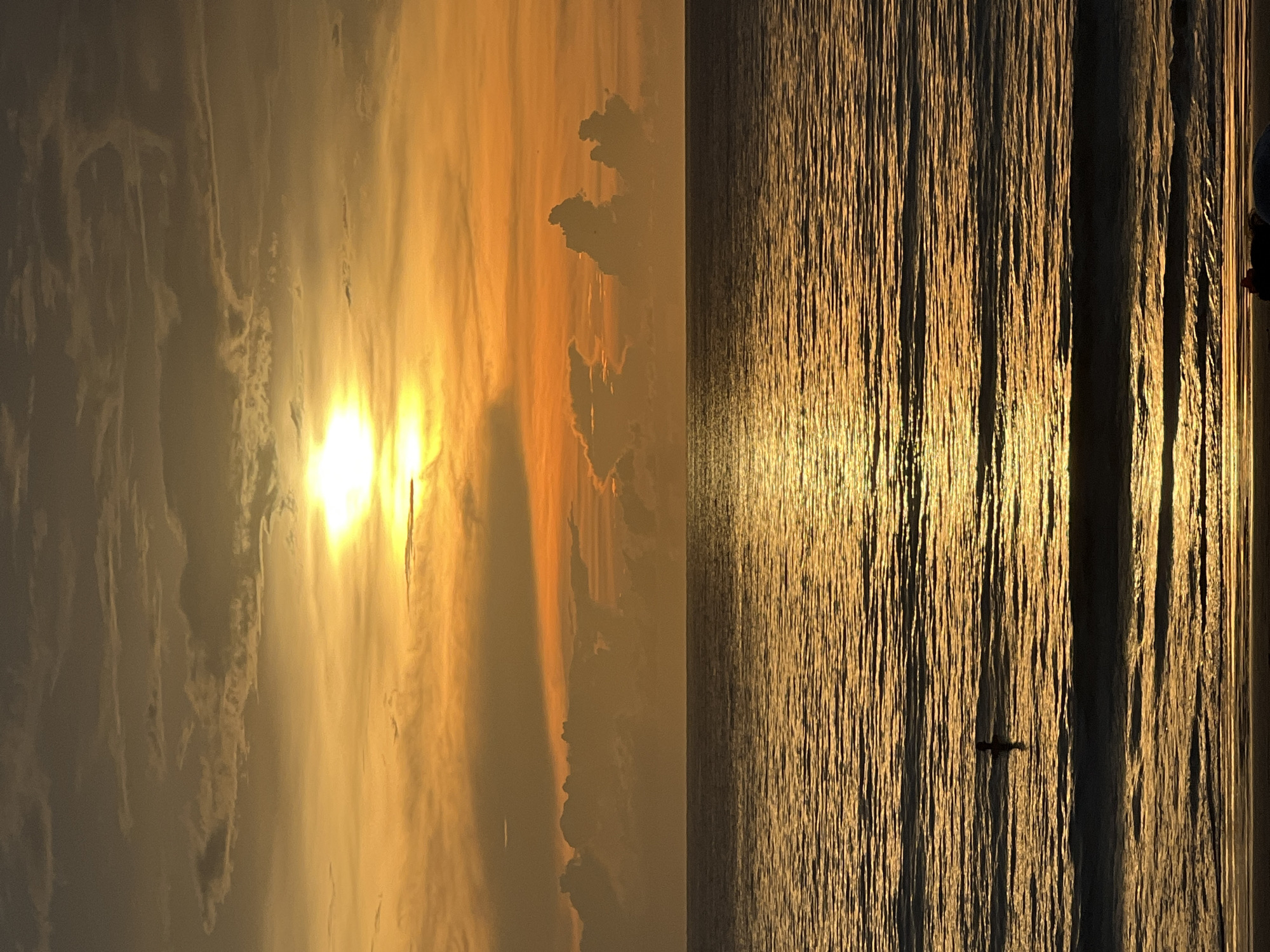 Coastal sunset documented by witnesses with aircraft overhead