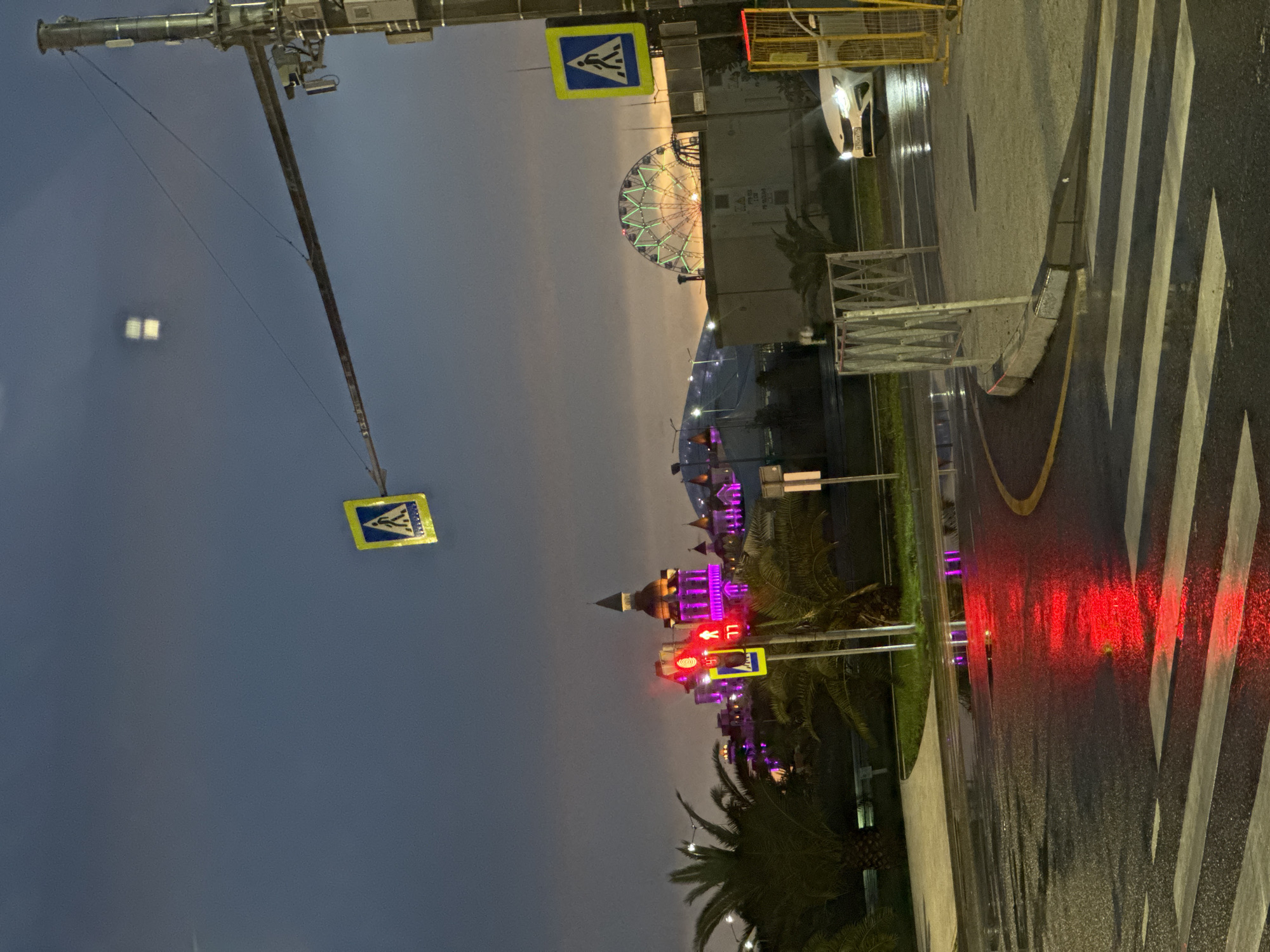 Wet street scene captured at night in Sirius, Russia