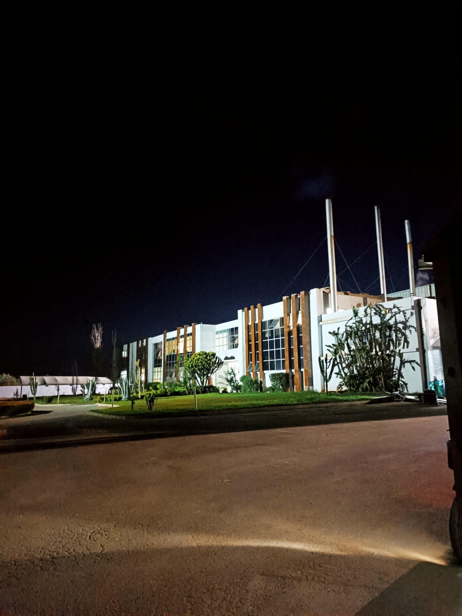 Modern building photographed at night in Majjate, Morocco