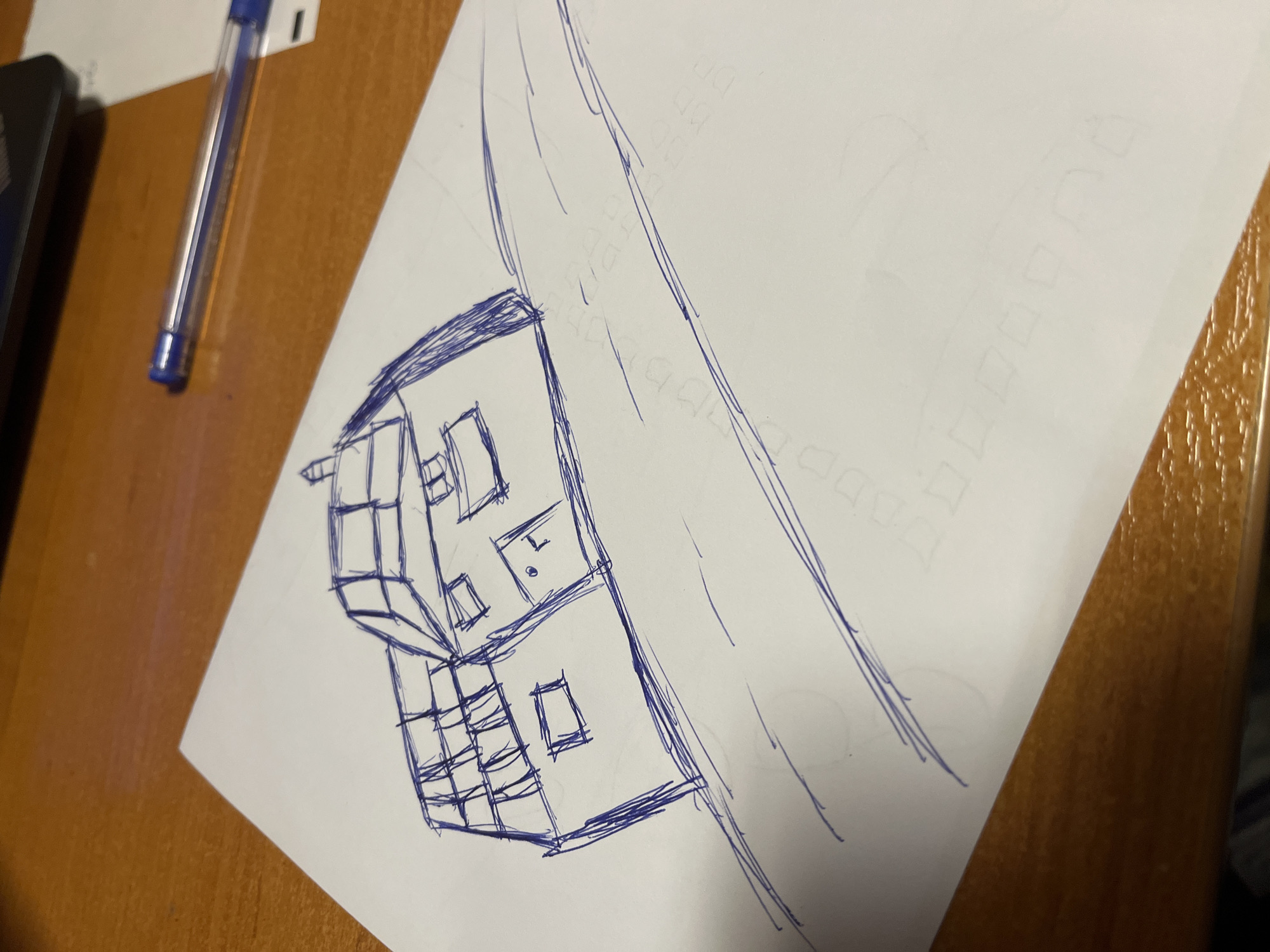 Blue ink house sketch on paper, Smolyan