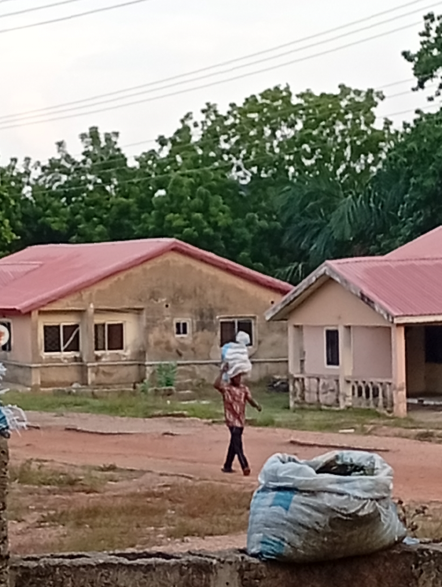 Person carries white sack along dirt road between buildings