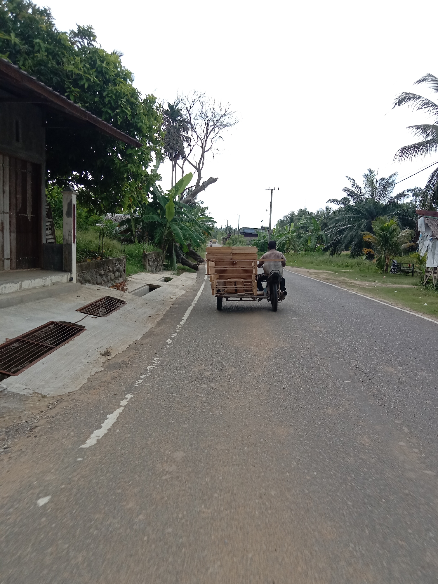 Motorcyclist transports wood cargo through Uleeblang, Indonesia