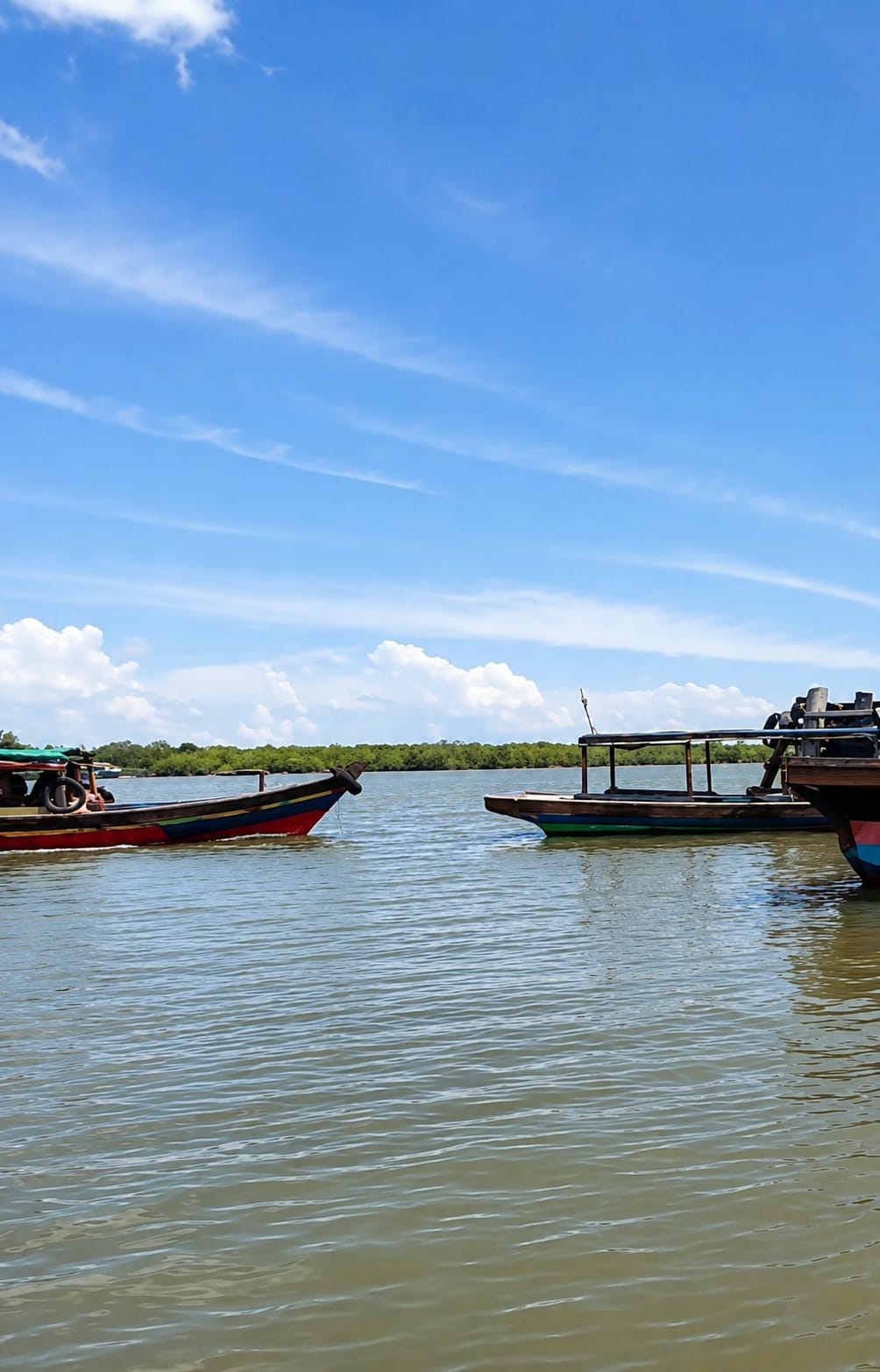 Wooden pier over green river water in Medan, Indonesia