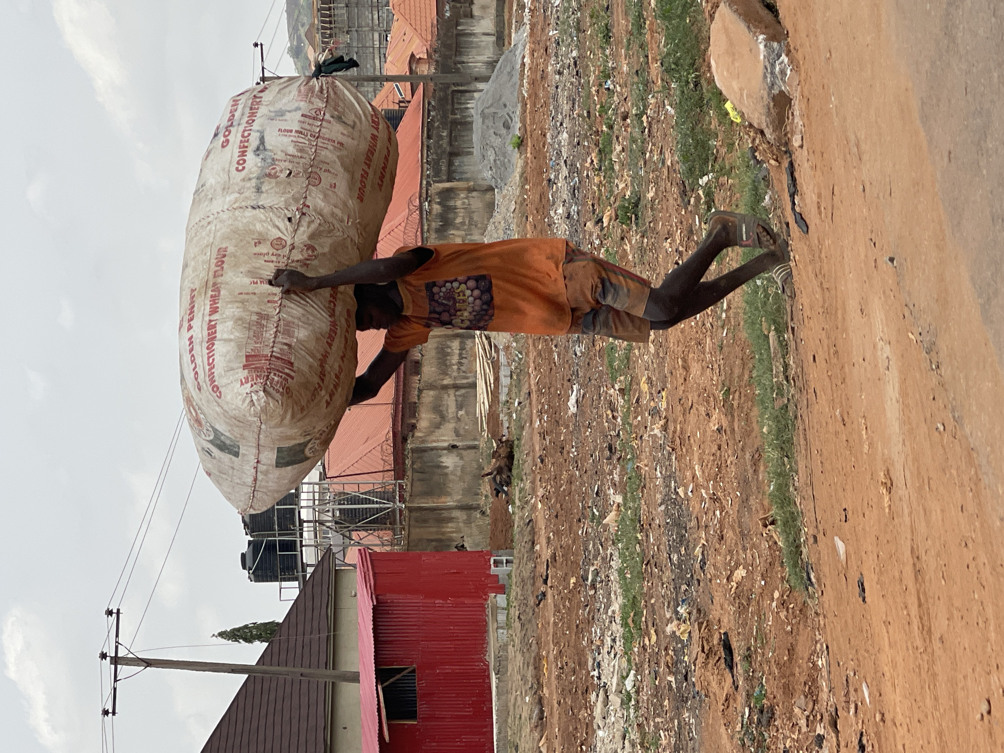 Manual laborer pushes cart along Abuja roadside