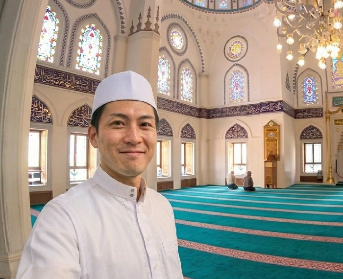 Visitor documents ornate Tokyo Camii mosque interior in Shibuya