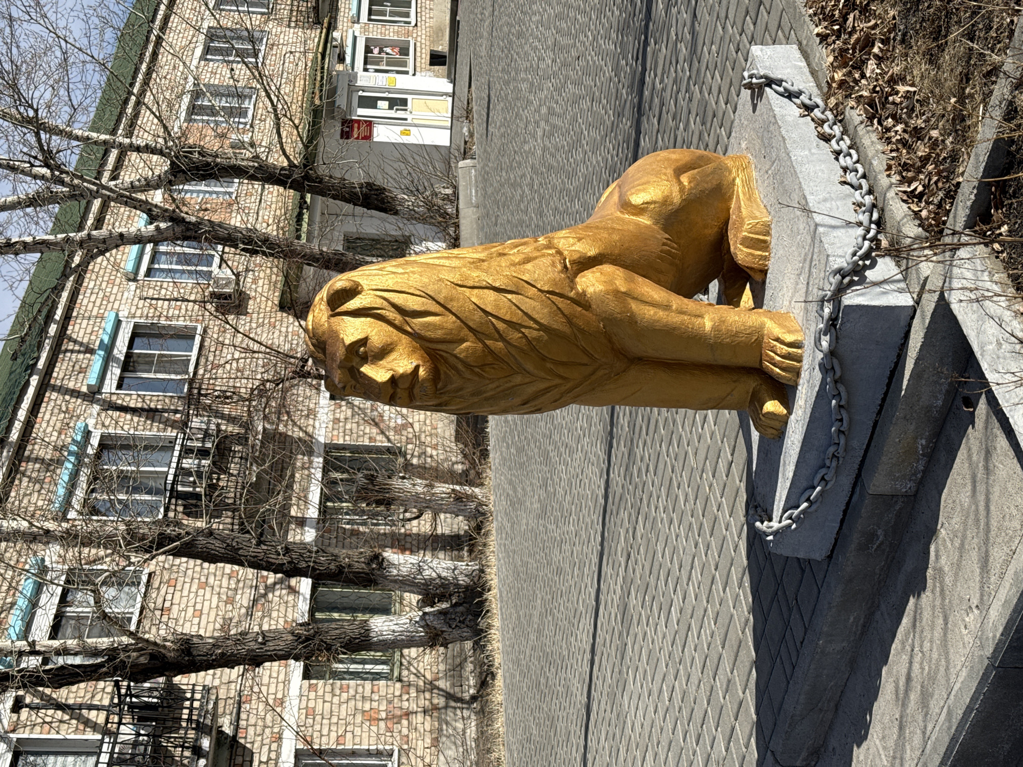 Golden lion statue spotted on stone pedestal in Borzya