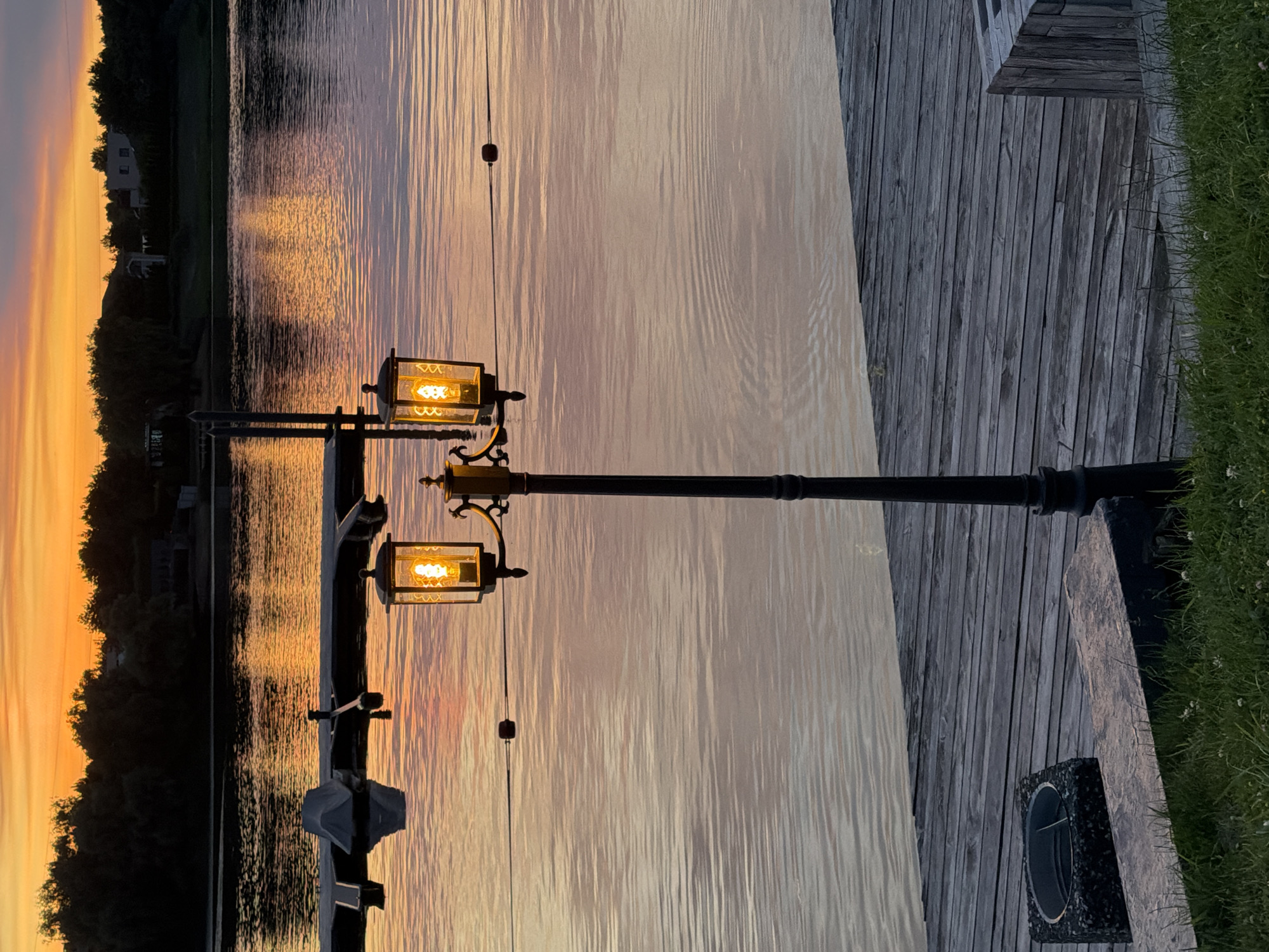 Waterfront sunset with warm lights and silhouetted trees