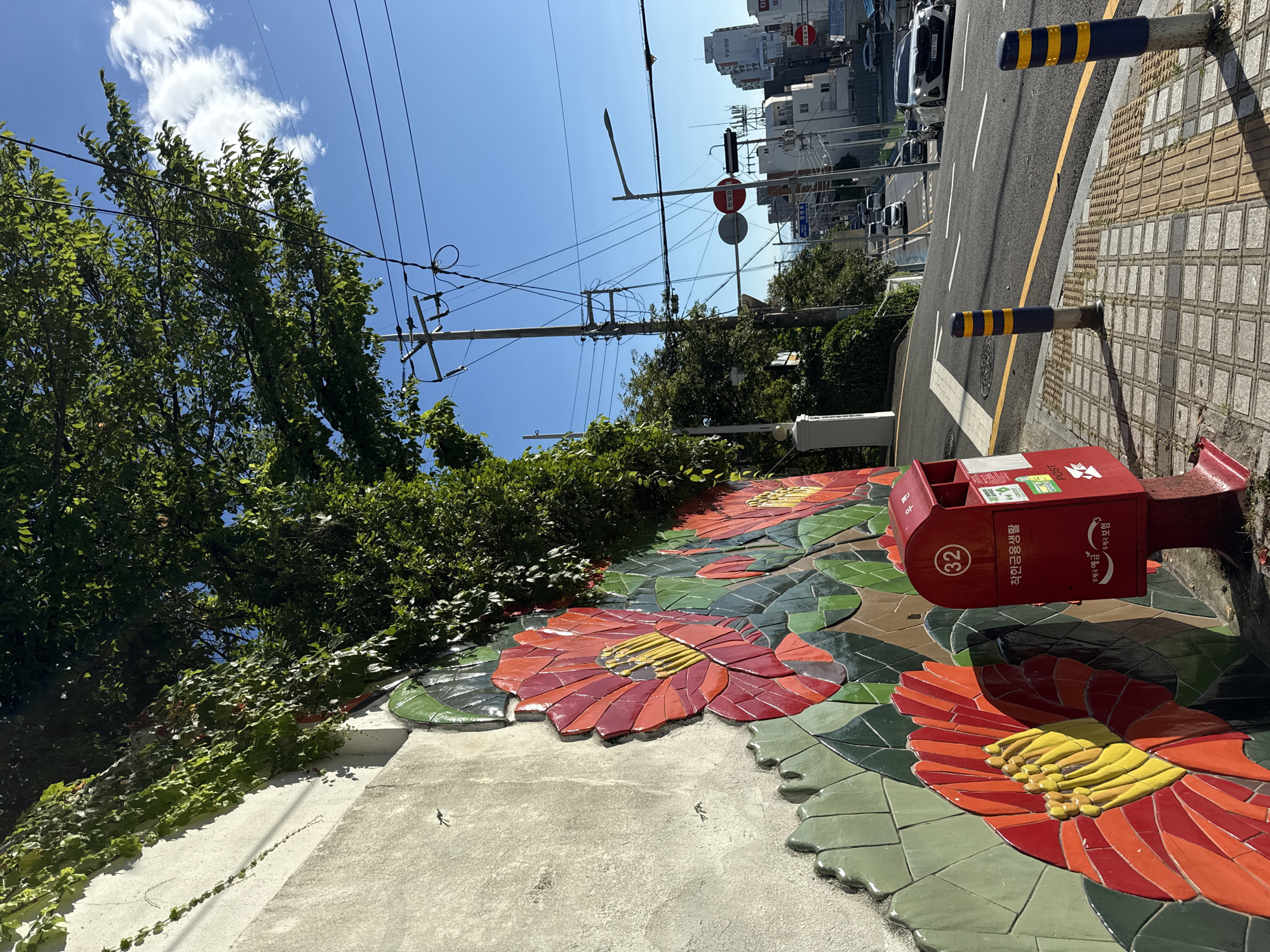 Hillside neighborhood stroll: murals, old trees, and a city view